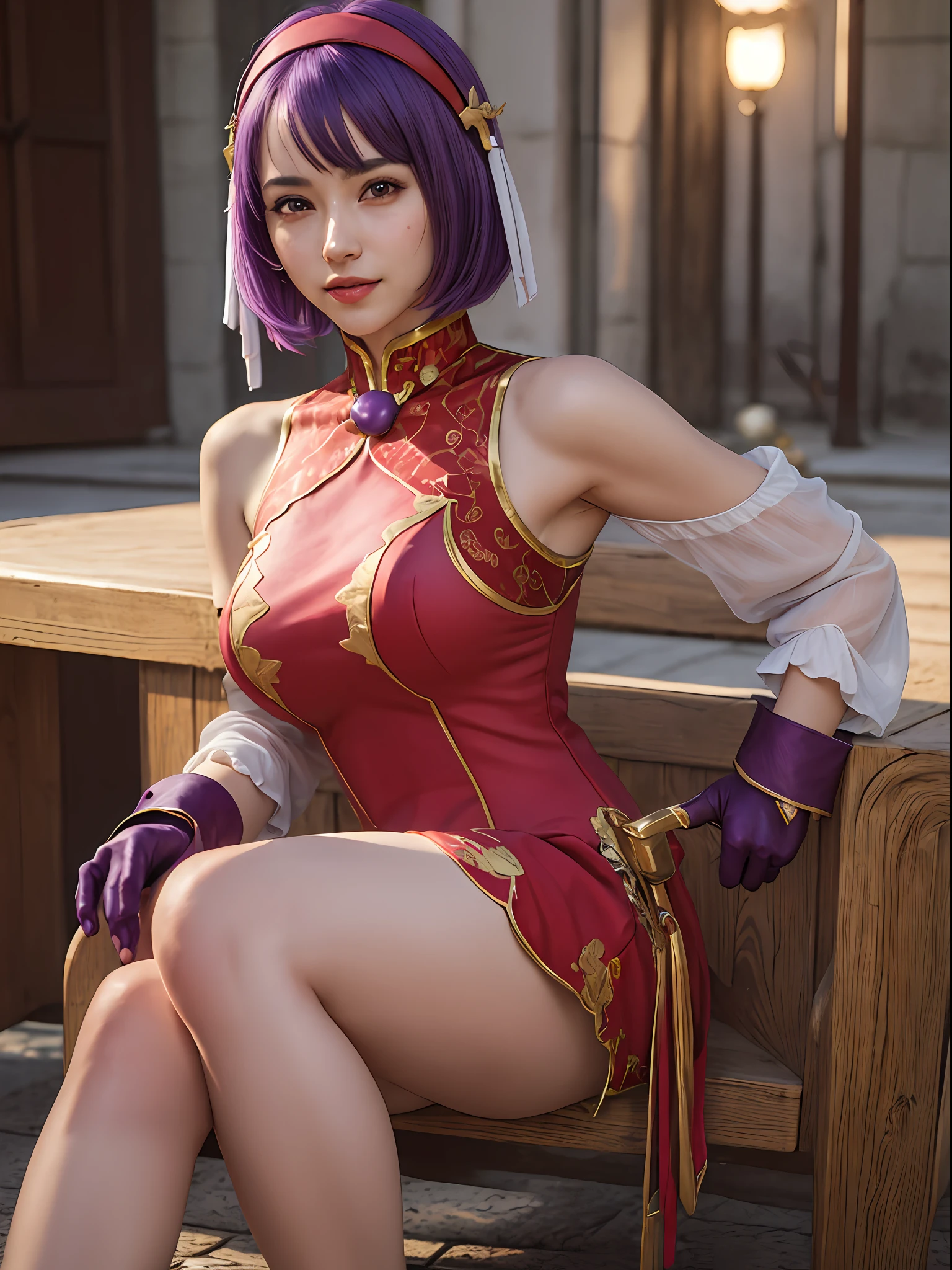 (masterpiece, best quality:1.4), (full body), (wide shot), 1girl, solo, stunning girlfriend, (sitting:1), 1girl, solo, purple hair, athenams, hairband, chinese clothes, red dress, gloves, hair ornament , bare shoulders, heart shaped face, elegant face, beautiful face, highly detailed face, highly detailed skin, skin pores, subsurface scattering, realistic pupils, medium breast, erotic smile, detailed background, depth of field, volumetric lighting, sharp focus, absurdres, realistic proportions, good anatomy, (realistic, hyperrealistic:1.4), 16k hdr,