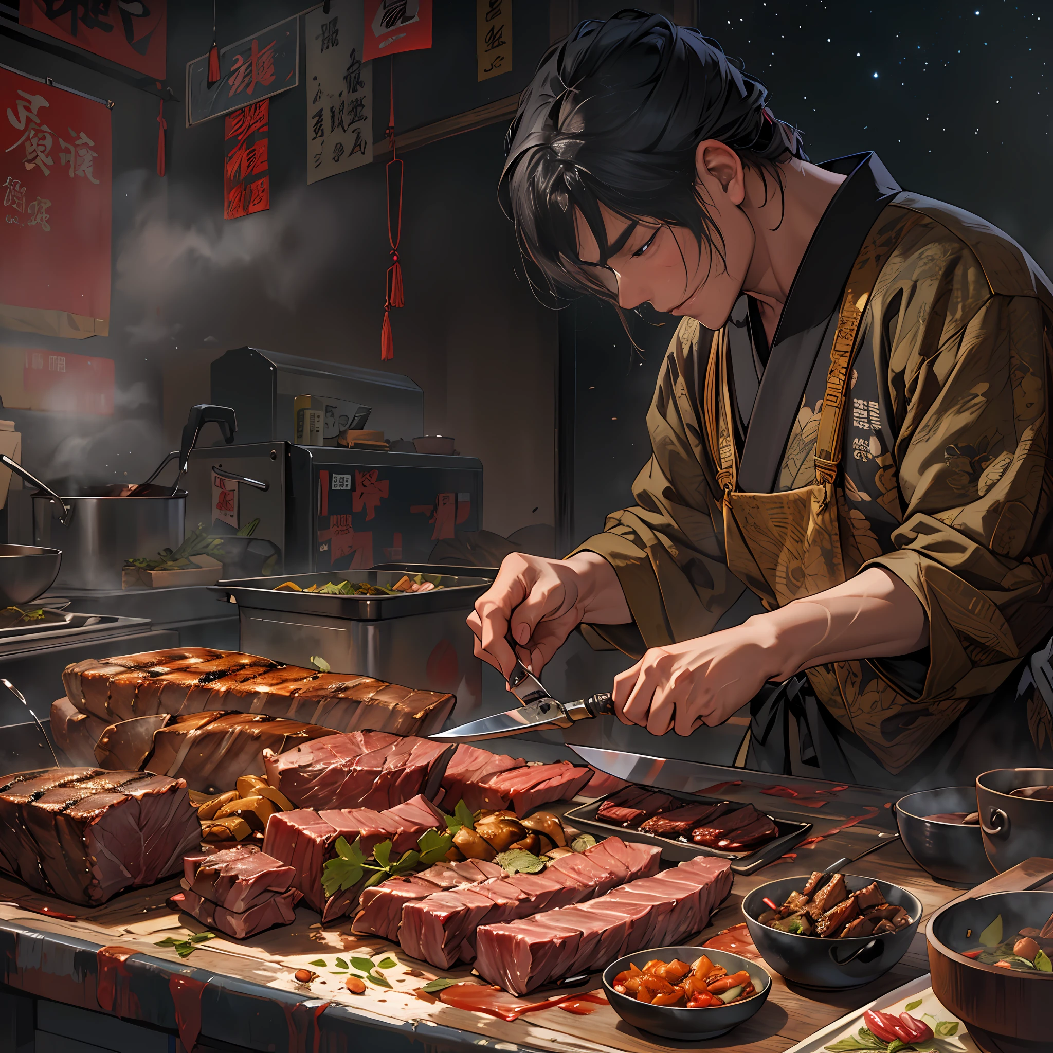 Un hombre sosteniendo un cuchillo afilado, cortar la carne en rodajas finas tan finas como un milímetro, y colocándolos cuidadosamente en el fondo de la olla, con un aroma tentador en el aire, como el aroma de la carne Wagyu japonesa a la parrilla de carbón, pero con un giro. ,al estilo de las estrellas grupo artístico xing xing, 32k, mejor calidad, Obra maestra, súper detalle, Detalles altos