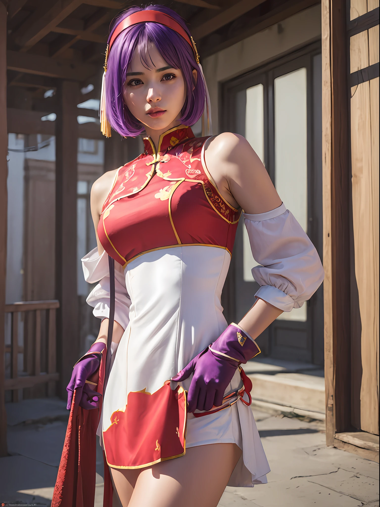 (masterpiece, best quality:1.4), (modern days), (wide shot), 1girl, solo, purple hair, stunning girlfriend, (standing:1.1), 1girl, solo, athenams, hairband, chinese clothes, red dress, gloves, hair ornament , bare shoulders, detailed background, depth of field, atmospheric perspective, volumetric lighting, sharp focus, absurdres, realistic proportions, good anatomy, (realistic, hyperrealistic:1.4), 16k hdr,