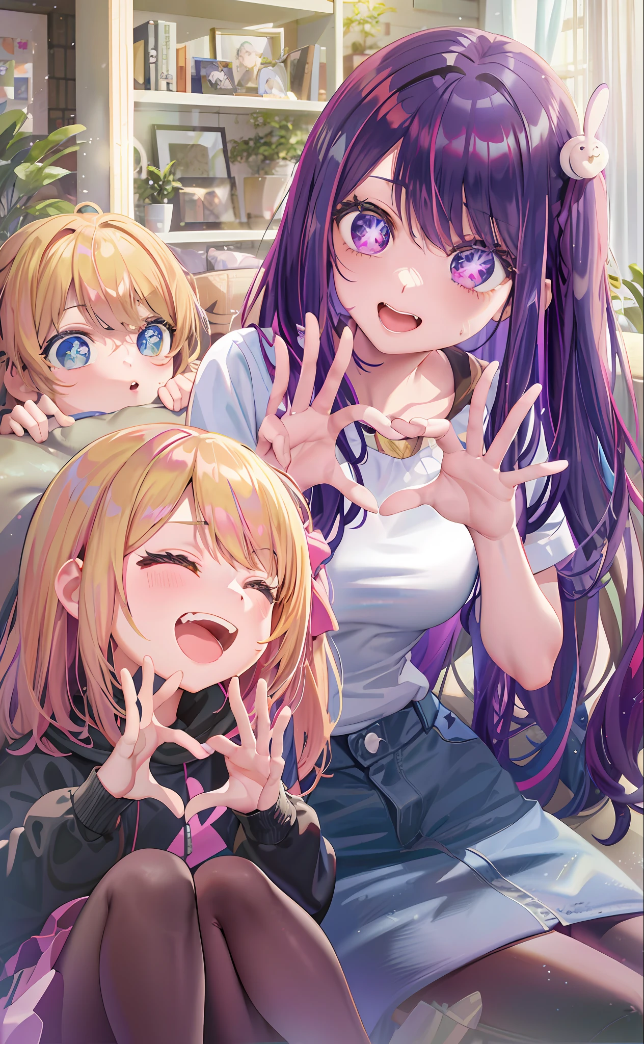anime girl with purple hair and two other girls sitting on a couch, hololive, visual novels CG, Edgeie anime style, Kawaii realistic portrait, visual novel key visual, ; visual novel, eechi, Smooth anime CG art, DDLC, Edgee style, visual novel, Splash art anime , anime moe art style, Anime! 4K