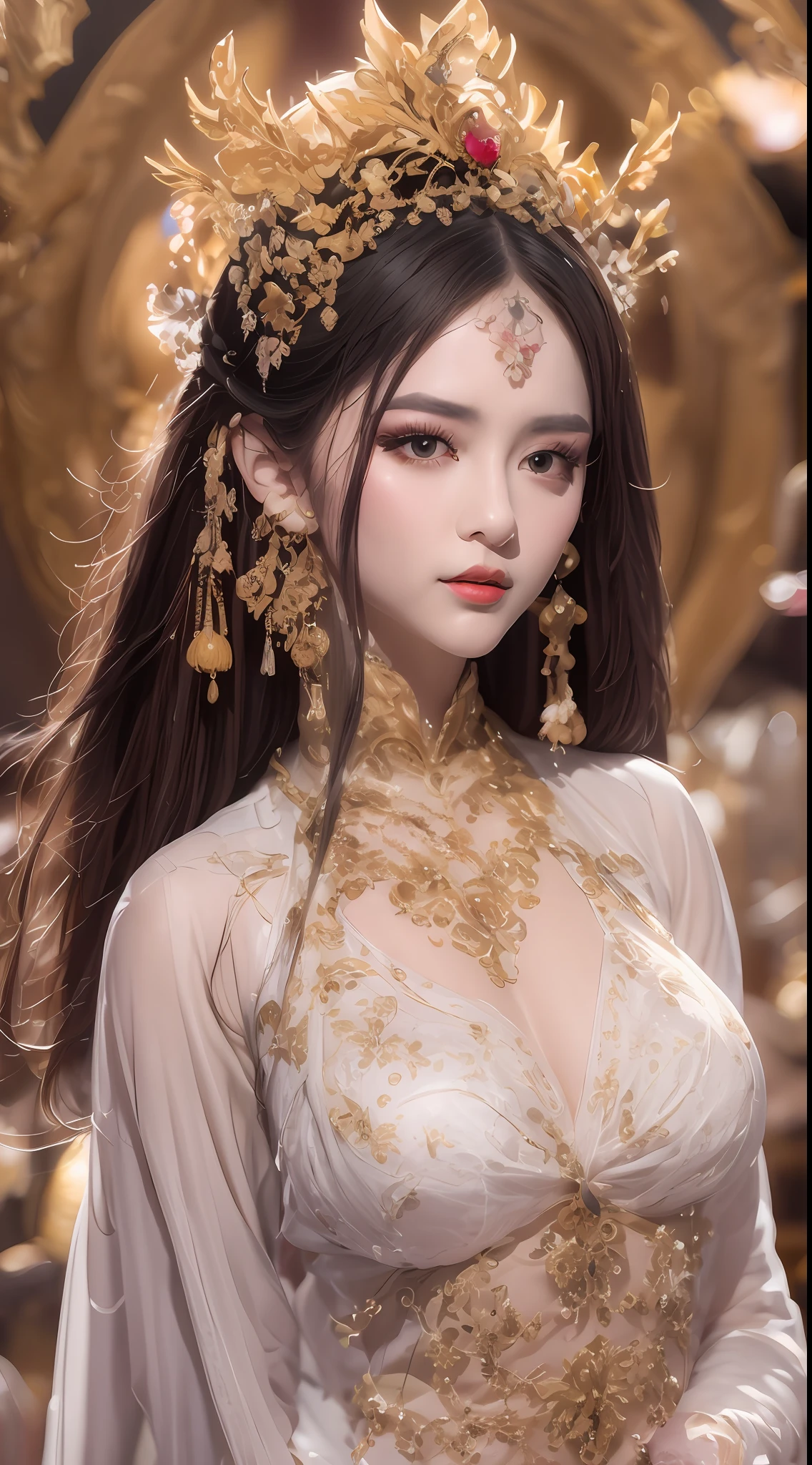 Portrait of a young 20-year-old saint, a saint with a beautiful and super cute face,Wearing a thin red dress with gold edging and glittering and sexy, Ao dai is studded with small sparkling pearls, beautiful cute face, Ao dai with a deep slit in the chest and attractive black and white lace trim, beautiful face without blemishes, shut up, ((long hair seven colors rainbow:1.2)), big crown, hair brooch, hanfu dress, chinese ancient style, full body jewelry, forehead tattoo, The female saint's breasts are round and very full, breast augmentation, innocent face, The most beautiful and detailed light red lipstick, ((Thin plump lips:0.3)), ((Golden eyes:1.2)), The eyes are delicately decorated,(white and detailed) cinematic, light and dark, dramatic lighting, magical light, extremely detailed light, true color, super sharp, realistic, 8k quality, fantasy universe background, saints and magical space, the most detailed images, Solo, a saintess, ((looking directly at the saint's upper body:0.4)), ((smooth skin:0.5)), Extremely detailed pixels, super true, extremely detailed and complex graphics, the highest resolution, close-up portrait,