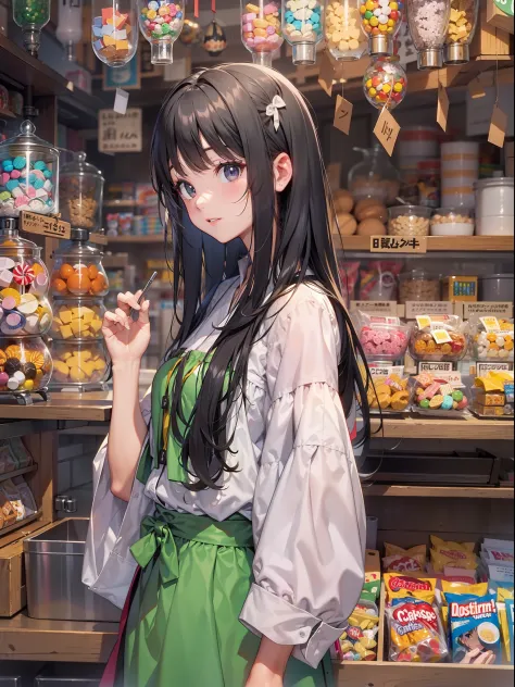 top image quality　original characters、long black hair、an old candy shop in japan