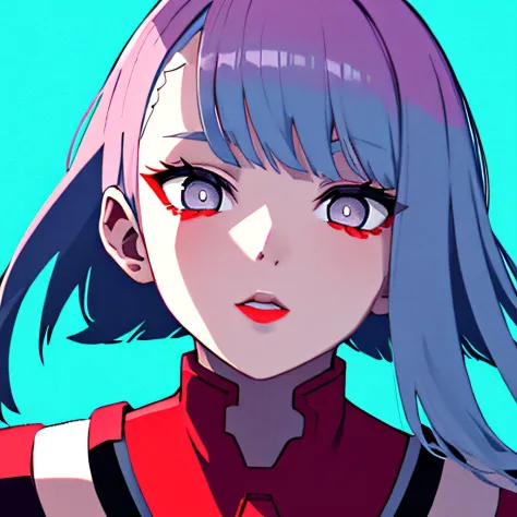 lucy \(cyberpunk\), 1girl, bangs, blue hair, colored tips, grey eyes, jacket, long sleeves, looking at viewer, medium hair, face portrait, multicolored hair, hair flying upwards, parted lips, parted bangs, (crazy eyes), eyes open wide, half face, pink hair...