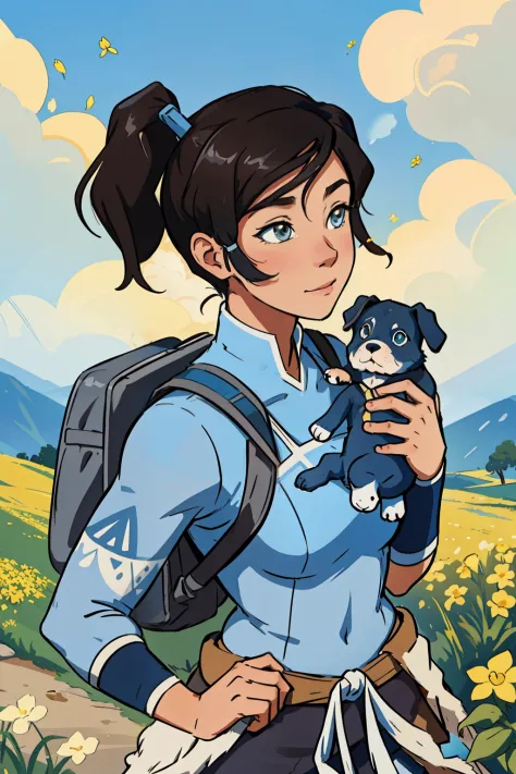 Tip: A very charming korra with a backpack and her cute puppy enjoying a lovely spring outing surrounded by beautiful yellow flo...