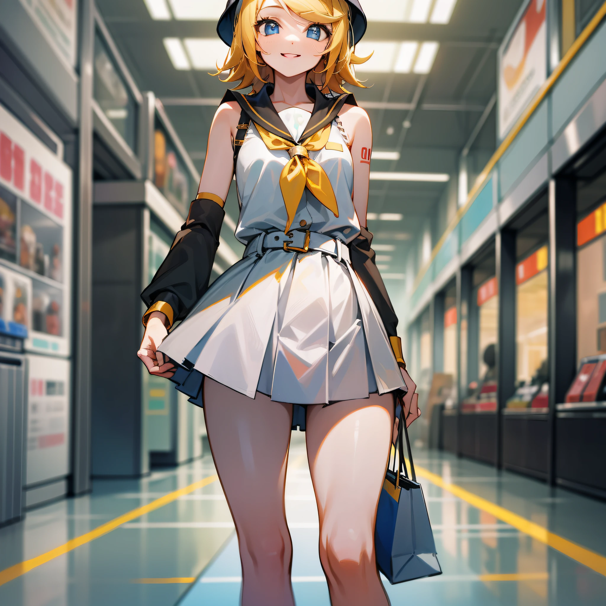 傑作, 最高品質, 不条理な, 完璧な解剖学, 1人の女の子, 一人で, Kagamine Rin, ショートヘア, 数字のタトゥー, バケットハット, ハイウエストスカート, ロングスカート, 白いスカート, 黒いシャツ, ノースリーブ, 笑顔, 立っている, 屋内, ショッピングモール