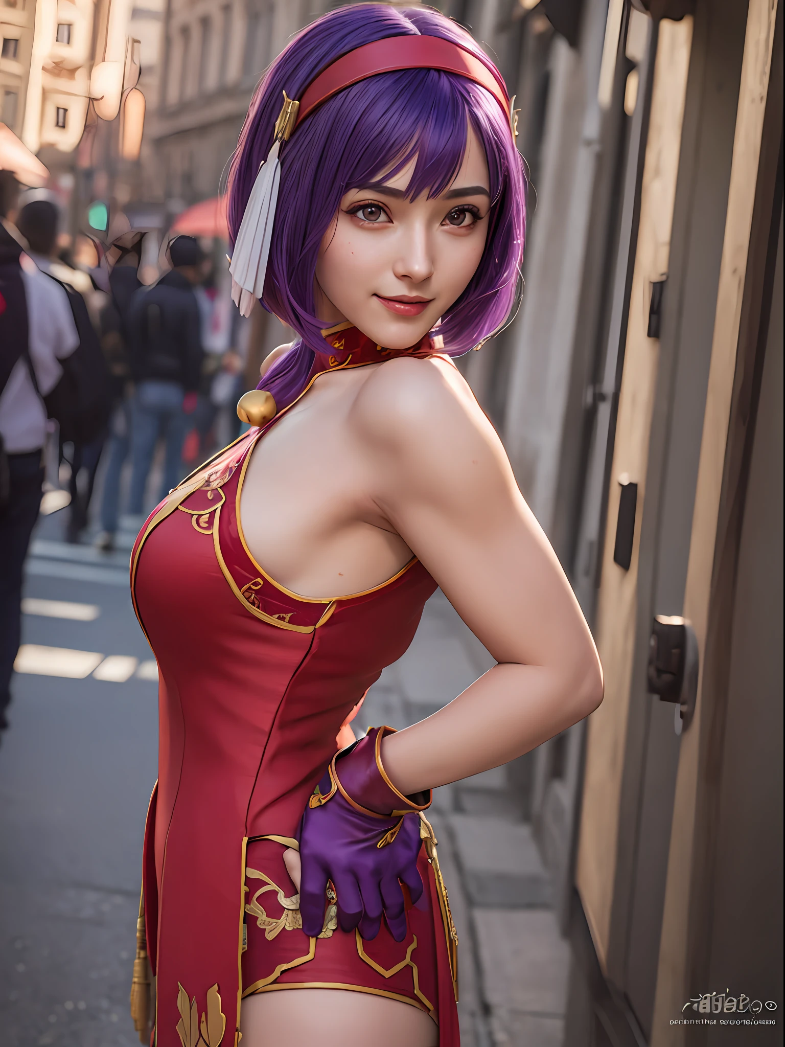 (masterpiece, best quality:1.4), (full body), (from behind), 1girl, solo, purple hair, stunning girlfriend, (standing:1.1), 1girl, solo, athenams, hairband, chinese clothes, red dress, gloves, hair ornament , bare shoulders, heart shaped face, elegant face, beautiful face, highly detailed face, detailed eyes, highly detailed skin, skin pores, subsurface scattering, realistic pupils, medium breast, sexy smile, detailed background, depth of field, atmospheric perspective, volumetric lighting, sharp focus, absurdres, realistic proportions, good anatomy, (realistic, hyperrealistic:1.4), 16k hdr,