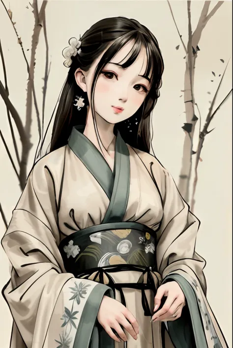 shukezouma, Negative space, , shuimobysim , Portrait of a woman standing , Willow branches, (Masterpiece, Best quality:1.2), Traditional Chinese Ink Painting, ModelShoot style, Peaceful, (Smile), view the viewer, wearing long hanfu, Hanfu, Song, Willow tre...