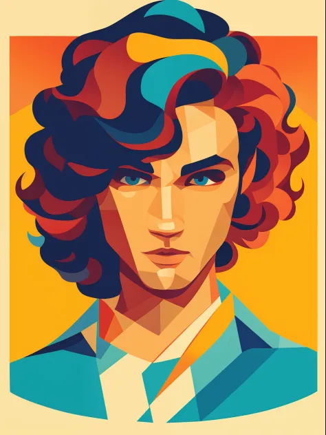 Geometric vector art retro pop art cool color big solid color boy upper body close-up face long hair