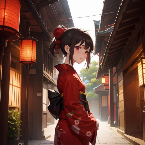 1girl in, Girl in red work kimono, Roll up your arms, Mystical, Intense atmosphere, Red fantastic lantern, Nine copies, Classic Studio Ghibli Style