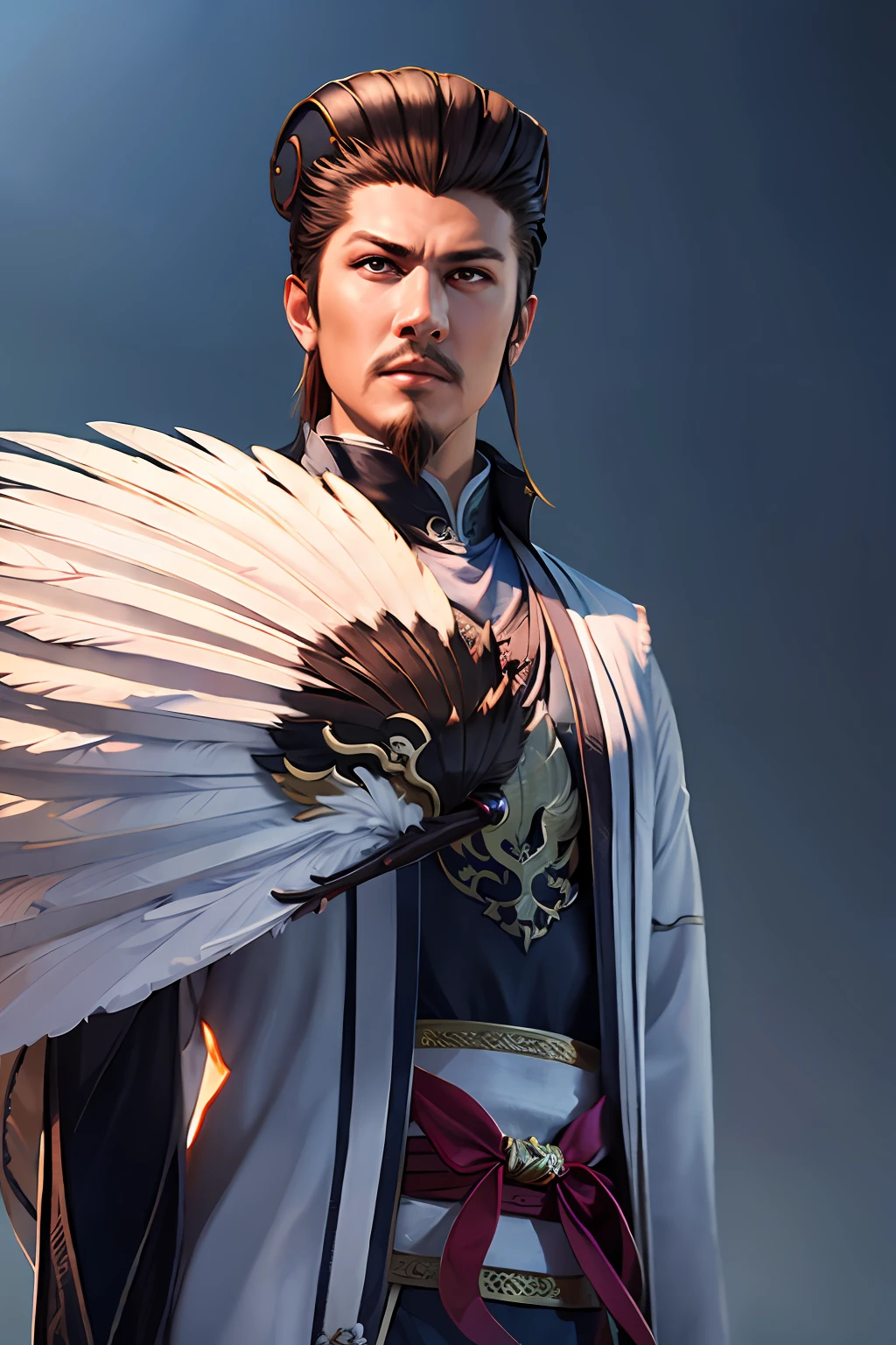 1boy, (8k, best picture quality, masterpiece: 1.4), final fantasy, (fantasy), (lighting), solo, white chinese chat, chinese clothes, (handle Feather Fan), feather, white cloth, cloud, eagle, wings