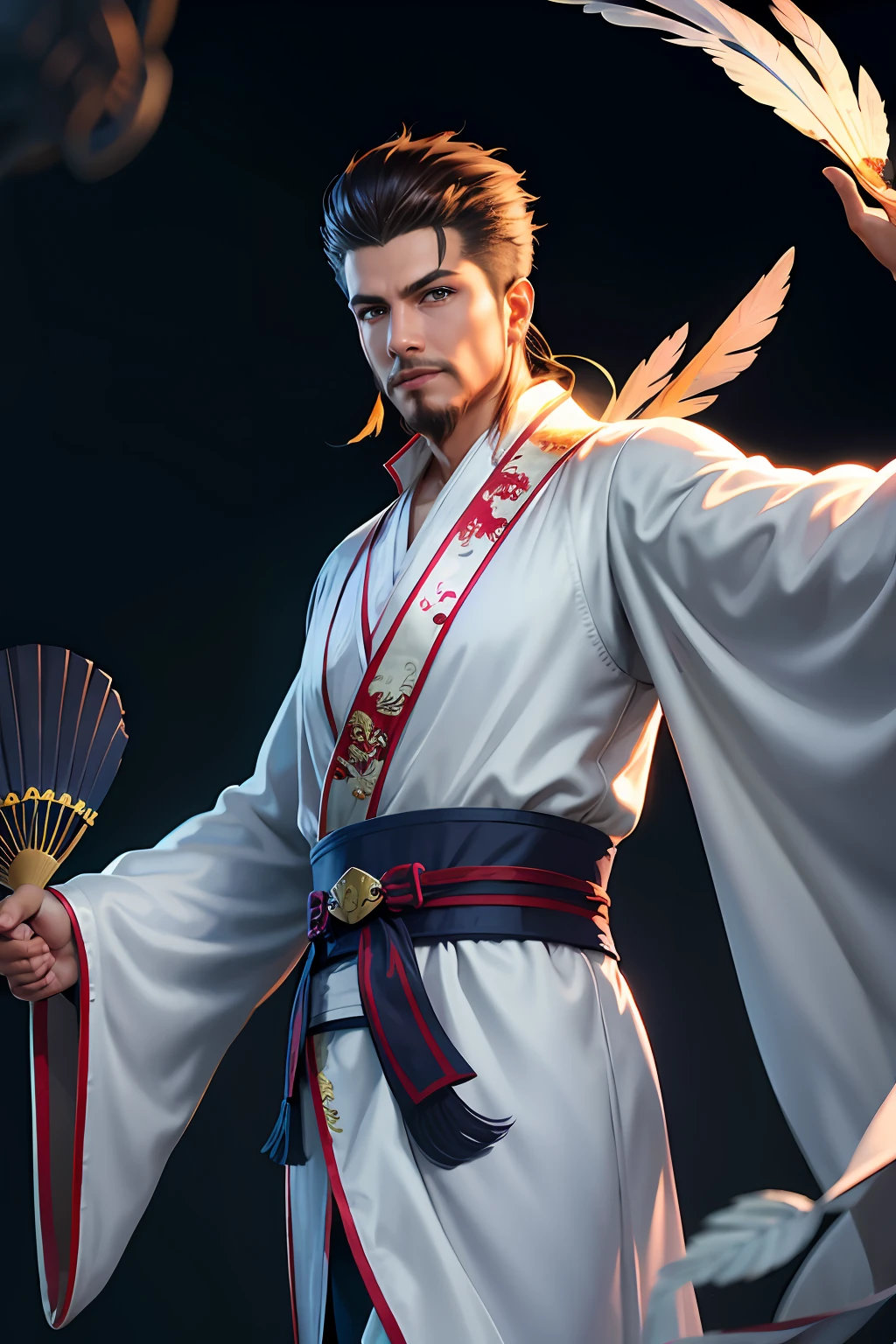male people，The best 8K picture quality masterpiece（1.4x weighting），final fantasy style，fantasy themed，Efeito de Luz，byself，White Chinese robe，Chinese costumes，Holding a feather fan，floating cloud，chinesedragon，Superb hand-drawing skills，Rich in detail，Perfect facial features
