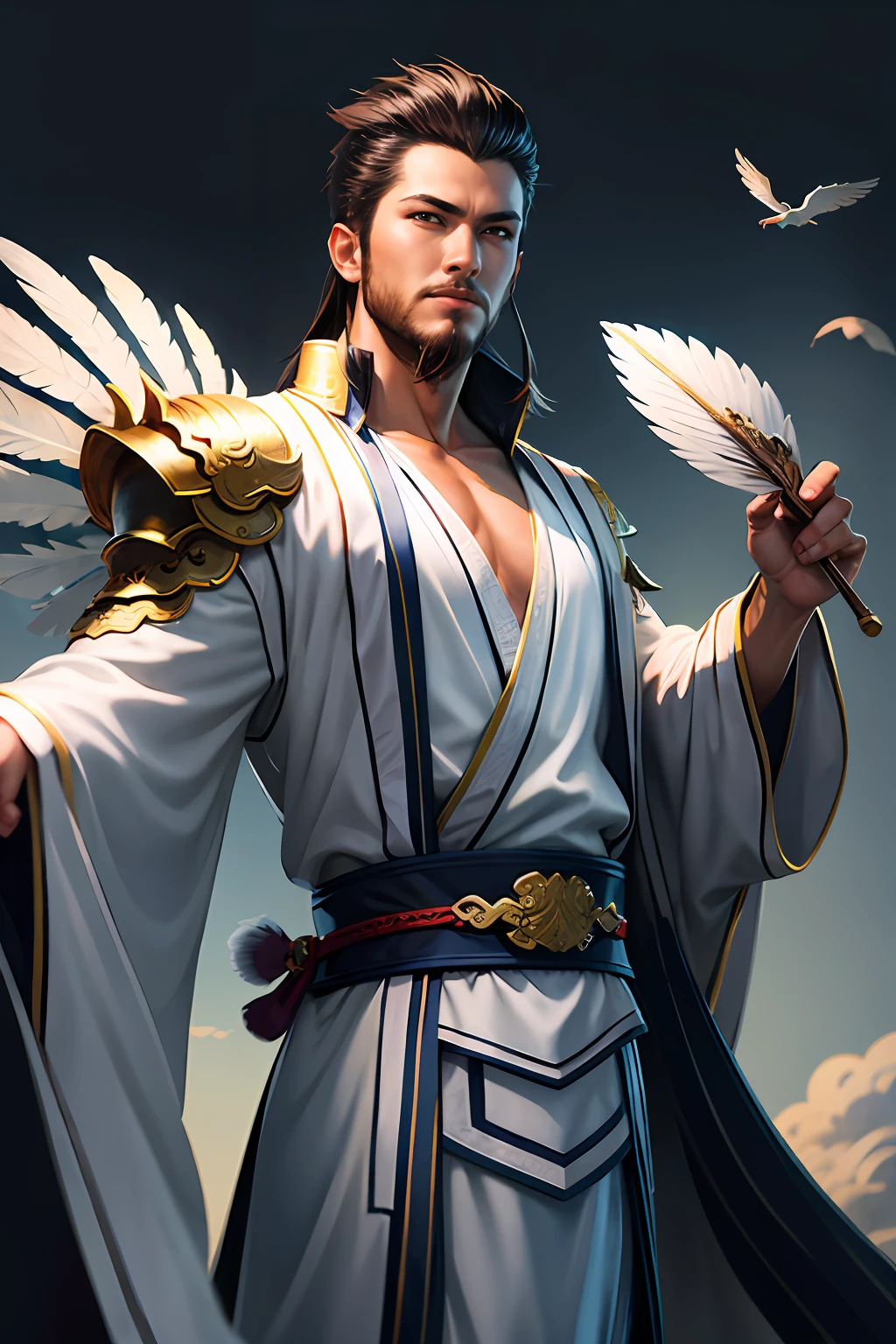 male people，The best 8K picture quality masterpiece（1.4x weighting），final fantasy style，fantasy themed，Efeito de Luz，byself，White Chinese robe，Chinese costumes，Holding a feather fan，floating cloud，chinesedragon，Superb hand-drawing skills，Rich in detail，Perfect facial features