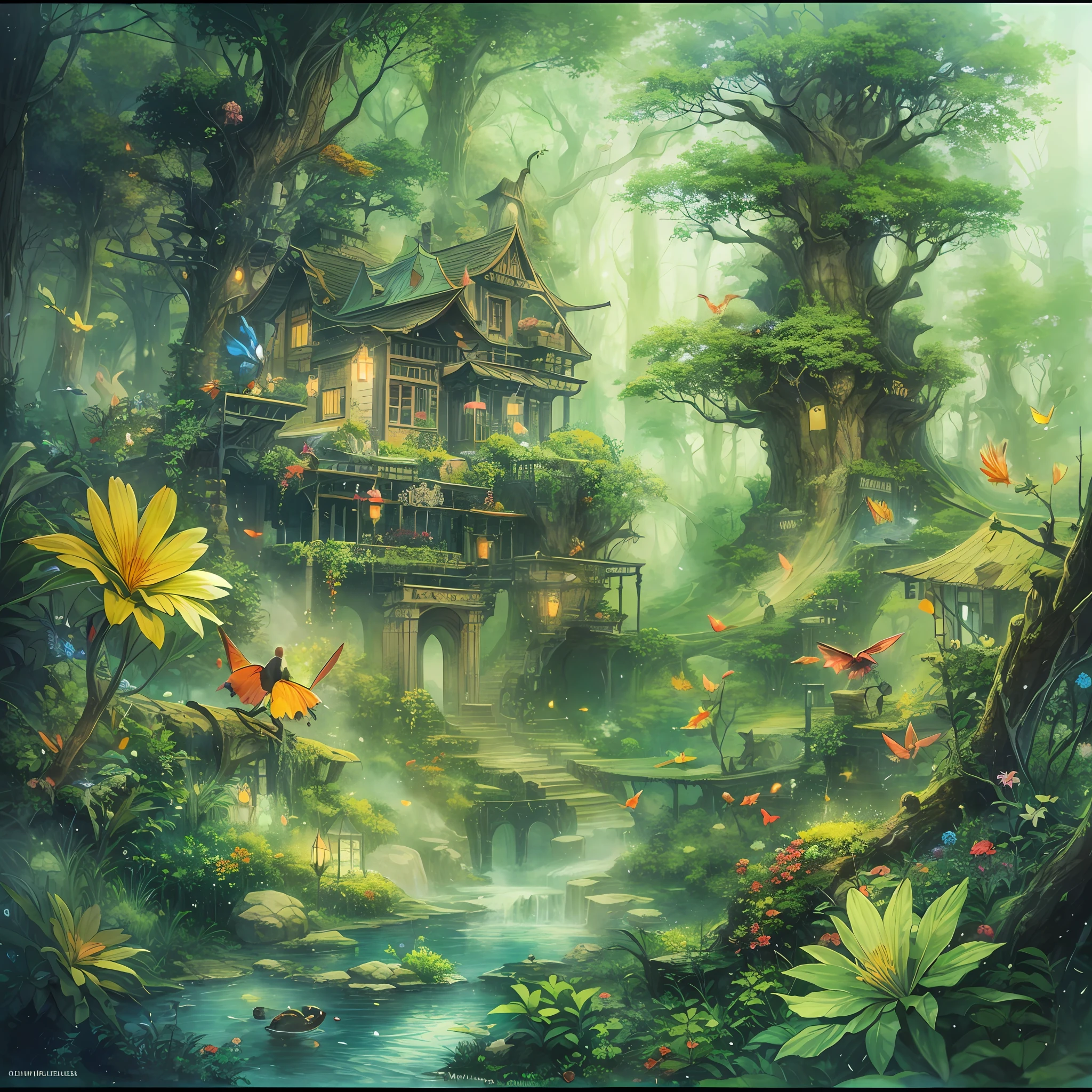 シュケゾーマ，（啓発：1.1），（最高品質），（傑作：1.1），（パノラマレンズ：1.3），高解像度，（インクの飛散），（色の飛沫），（水彩）魔法の森：魔法の森を作る、小さな妖精、そびえ立つ木々がある、大きな花の形をした魔女の家、鮮やかな葉と輝く小川、気まぐれな生き物と幻想的な光と影，魅惑的な雰囲気。