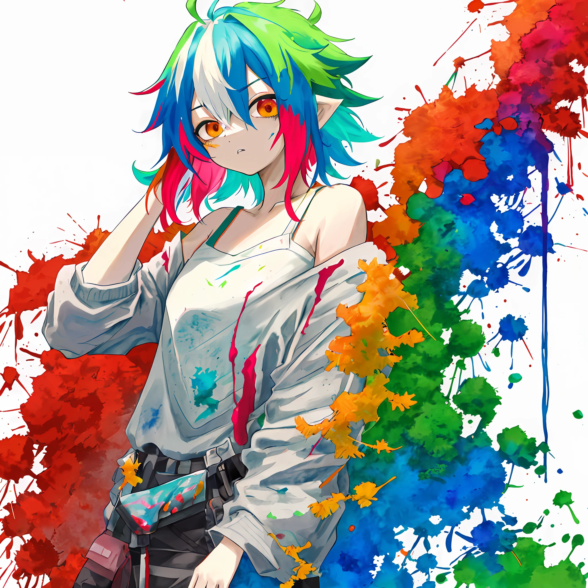 arms up,hand on own face,hand in own hair,straight-on,(Multicolored hair:1.3),Pink hair,Light blue hair,Colored inner hair,blue hair,green hair,light green hair,aqua hair,white hair,Orange hair,red hair,((disheveled hair)),Short hair,Big hair,Ahoge,Parted lips,(baggy clothes:1.2),solo,(upper body),cowboy shot,standing,grey background,simple background,
(drawn by Pomu:1.4),NanaseKurumi,solo,(upper body),Standing,cowboy shot,off-shoulder,
(splatter background:1.5),simple background,outline,watercolor (medium),concept art, masterpiece, best quality,