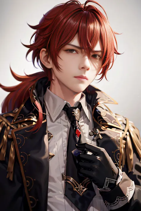 masterpiece, best quality,diluc (genshin impact), 1boy, red hair, male focus, long hair, gloves, solo, red eyes, bangs, long sle...