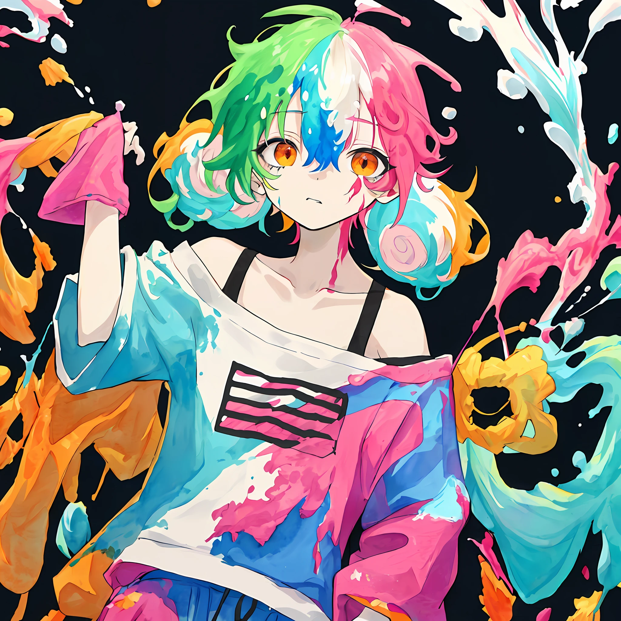 arms up,hand on own face,hand in own hair,straight-on,(Multicolored hair:1.3),Pink hair,Light blue hair,Colored inner hair,blue hair,green hair,light green hair,aqua hair,white hair,Orange hair,red hair,((disheveled hair)),Short hair,Big hair,Ahoge,Parted lips,(baggy clothes:1.2),solo,(upper body),cowboy shot,standing,grey background,simple background,
(drawn by Pomu:1.4),NanaseKurumi,solo,(upper body),Standing,cowboy shot,off-shoulder,
(splatter background:1.5),simple background,outline,watercolor (medium),concept art, masterpiece, best quality,