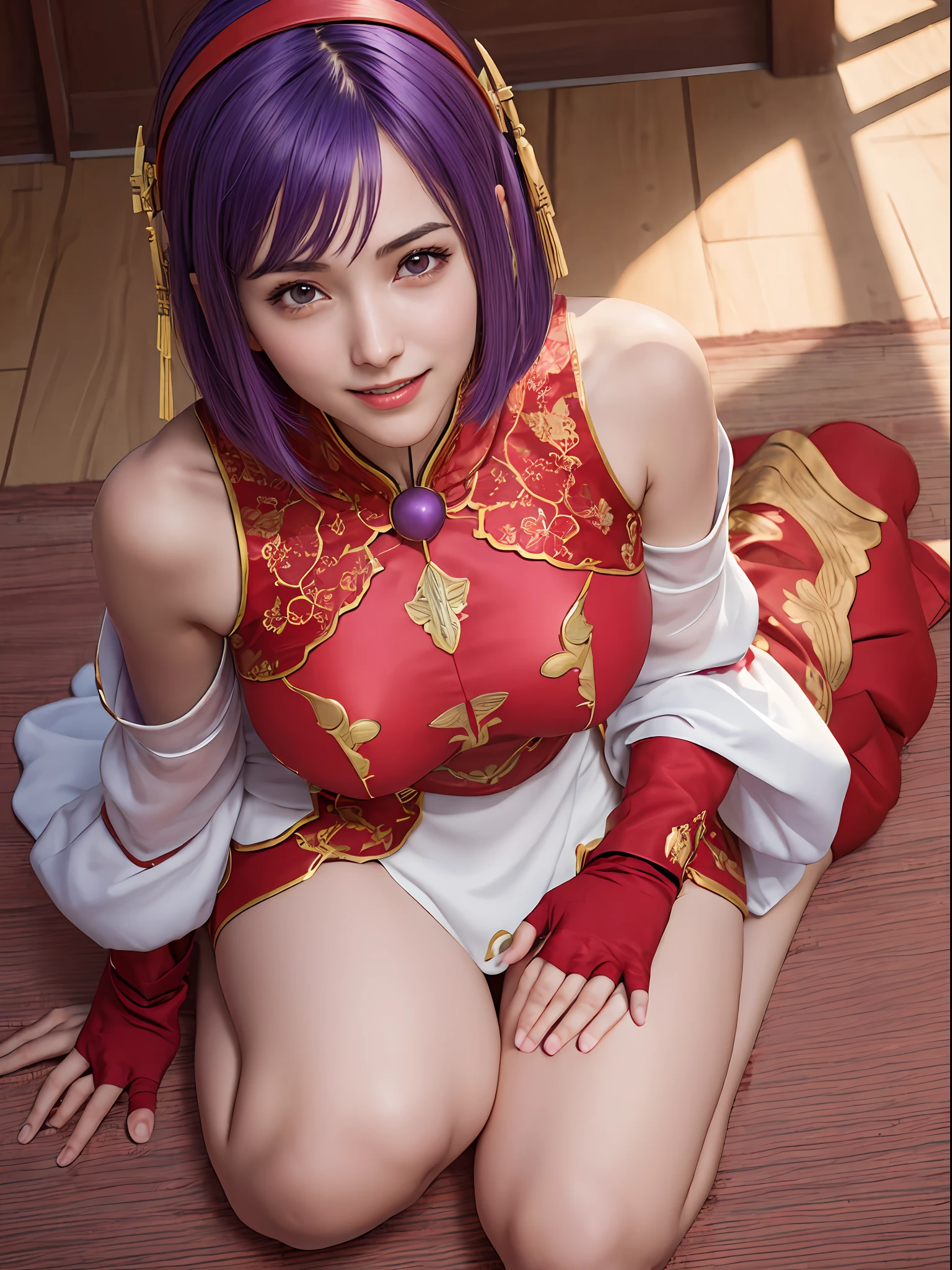 (masterpiece, best quality:1.4), (full body), (from above), 1girl, solo, purple hair, stunning girlfriend, (sitting on the floor:1.1), open mouth, waiting cum, 1girl, solo, athenams, hairband, chinese clothes, red dress, gloves, hair ornament , bare shoulders, wide open legs, spread legs, underwear, heart shaped face, elegant face, beautiful face, highly detailed face, detailed eyes, highly detailed skin, skin pores, subsurface scattering, realistic pupils, medium breast, desire smile, erotic smile, detailed background, depth of field, volumetric lighting, sharp focus, absurdres, realistic proportions, good anatomy, (realistic, hyperrealistic:1.4), 16k hdr,