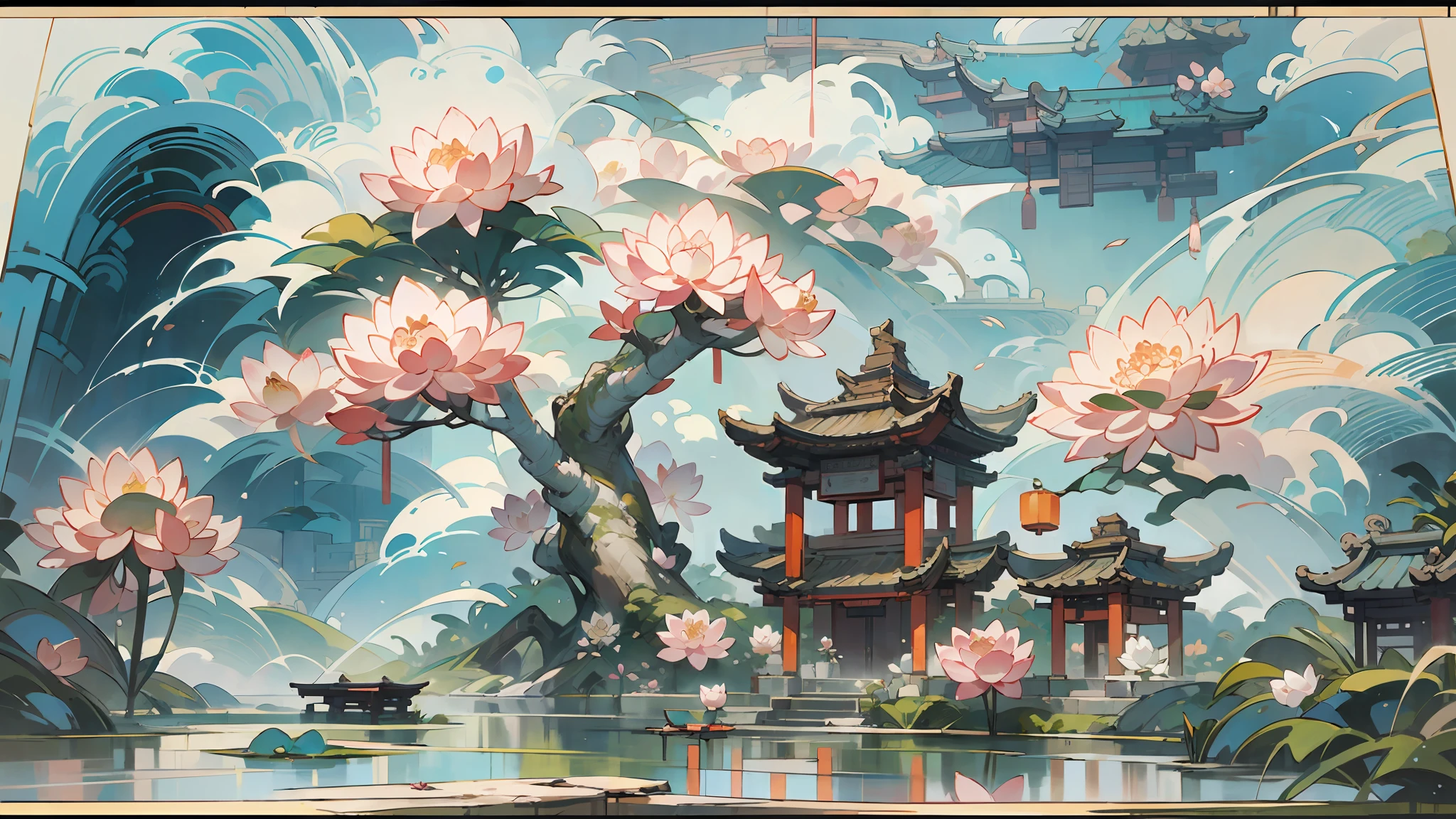 （acrycle painting:1.4），Antique game scene design，big trees，florals，Lotus architecture，Floating table，A blue sky，White cloud，Chinese ink painting OC rendering sculpture