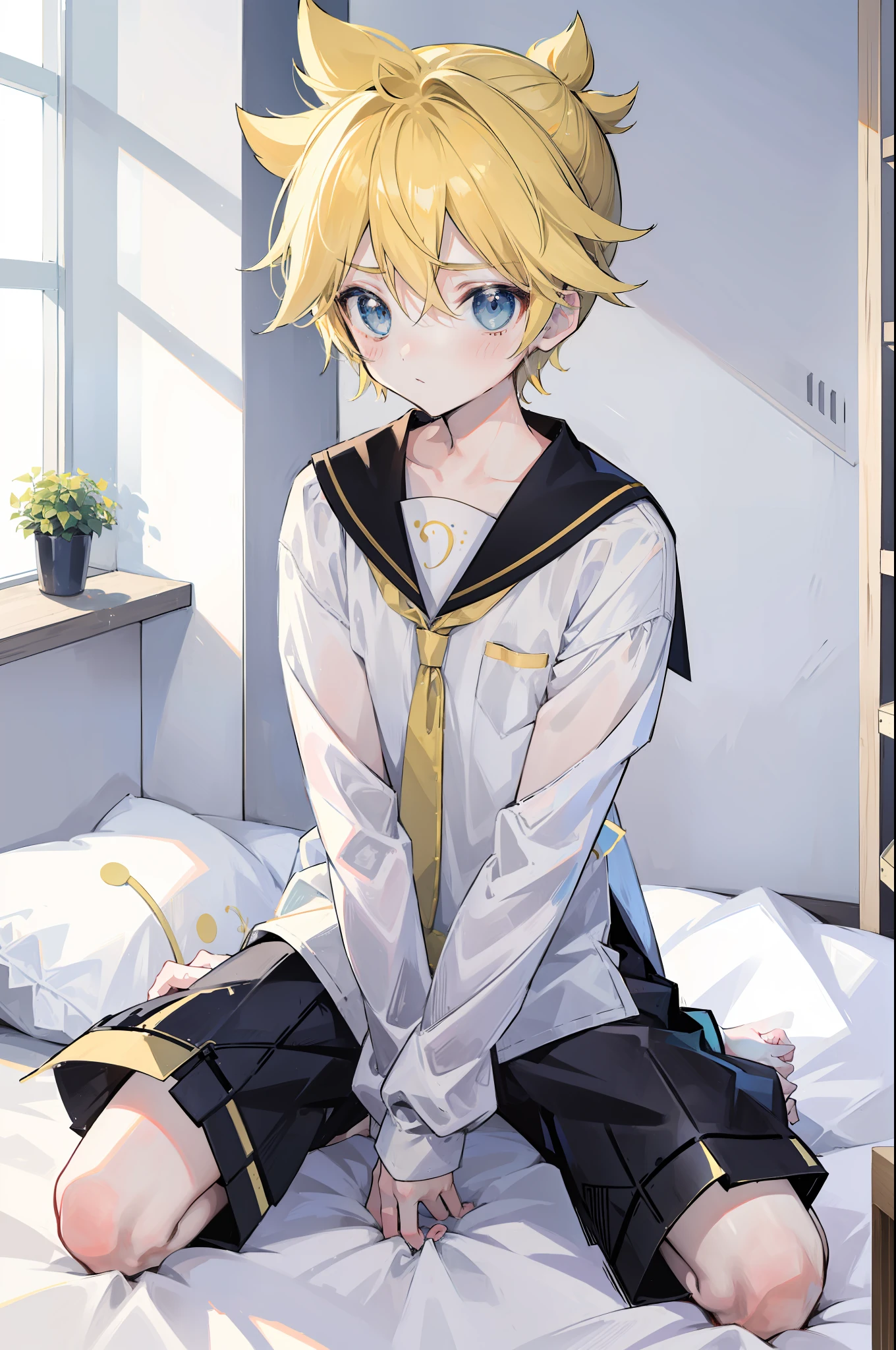 one boy, Len_Kagamine, pure, innocent, blush, sailor uniform, black short pants, on bed, (kneeling position), cowlick hair, cool, slender, handsome