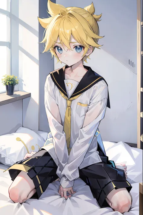 one boy, Len_Kagamine, pure, innocent, blush, sailor uniform, black short pants, on bed, (kneeling position), cowlick hair, cool...