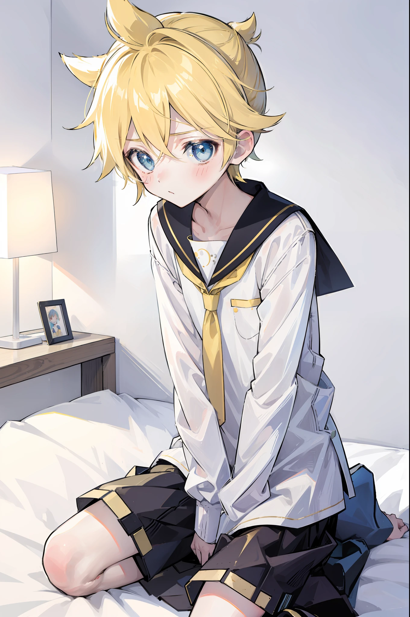 one boy, Len_Kagamine, pure, innocent, blush, sailor uniform, black short pants, on bed, (kneeling position), cowlick hair, cool, slender, handsome