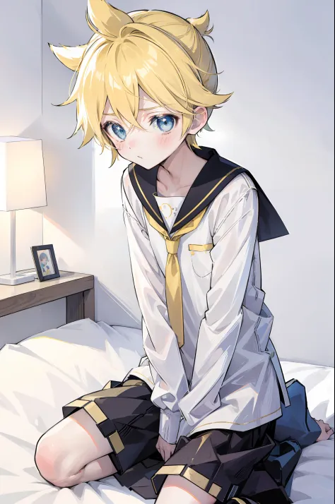 one boy, Len_Kagamine, pure, innocent, blush, sailor uniform, black short pants, on bed, (kneeling position), cowlick hair, cool...