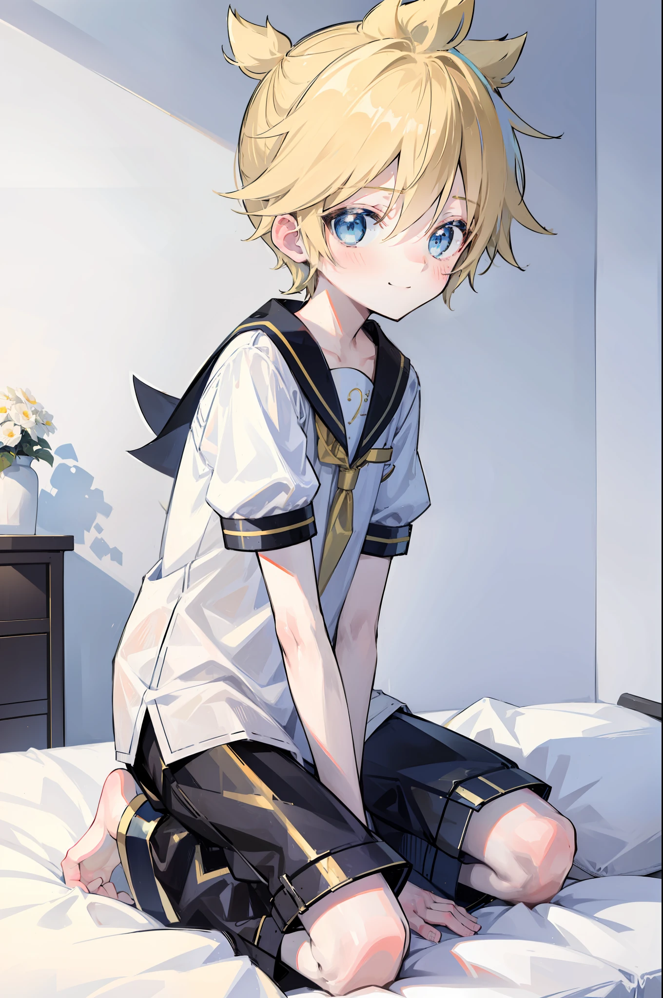 one boy, Len_Kagamine, blue eyes, pure, innocent, blush, sailor uniform, black short pants, on bed, (kneeling position), cowlick hair, cool, slender, handsome, gently smile