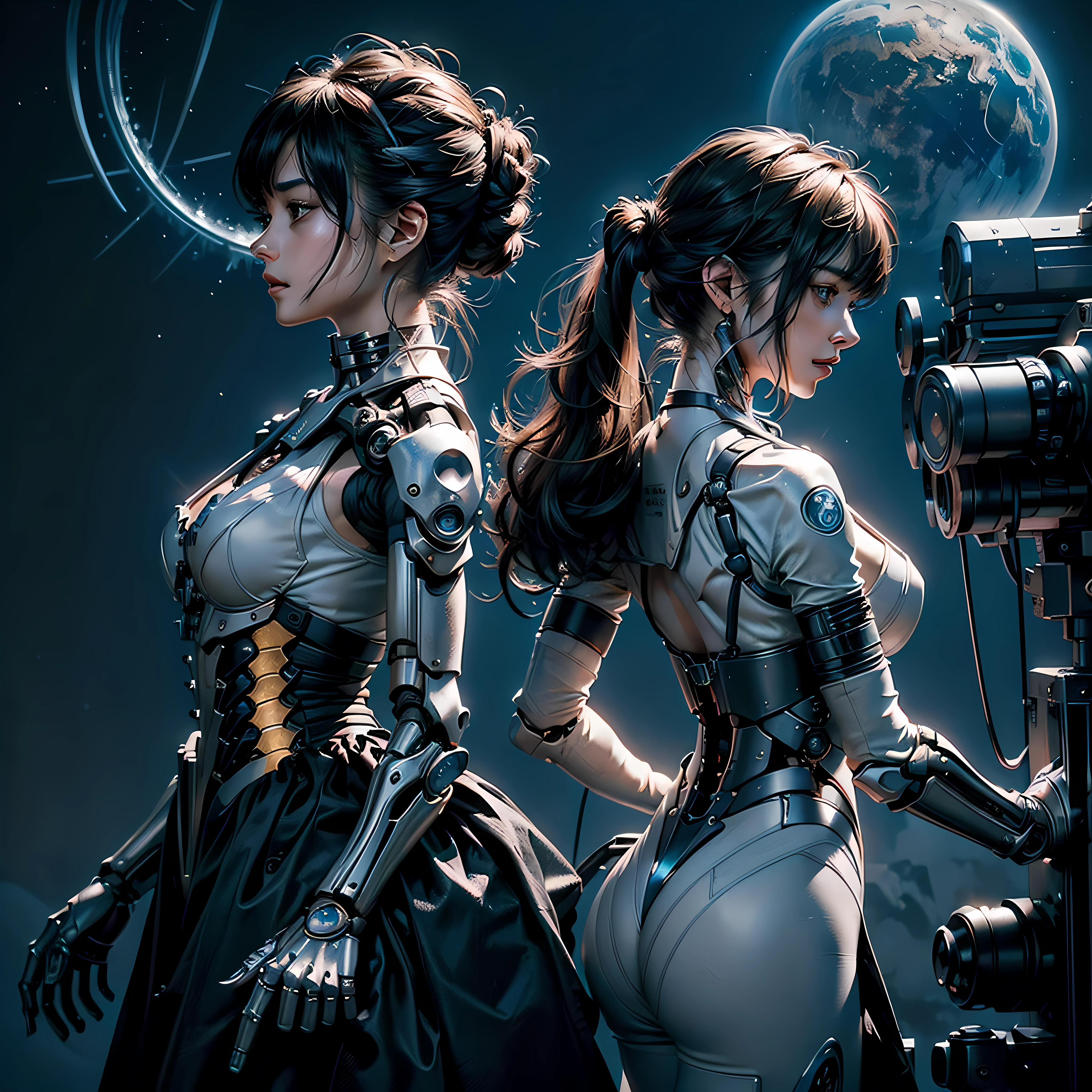 sci-fy，"Magic" theme，Gemini，twinsies，Futuristic，(((Masterpiece))), (((Best quality))), ((Ultra-detailed)), (CG illustration), ((An extremely delicate and beautiful)),(From the side Side),Cinematic light, ((1 mechanical girl)), solo person, full bodyesbian,(Machine-made joints:1.2),((Mechanical limb)),(Blood vessel attached to tube),(The mechanical spine is attached to the back),((The mechanical cervical vertebrae are attached to the neck)),(sitted),face expressionless,(wires and cables on head:1.2)(Character focus),sci-fy,Extremely fine,a color,Background unreal Gemini totem