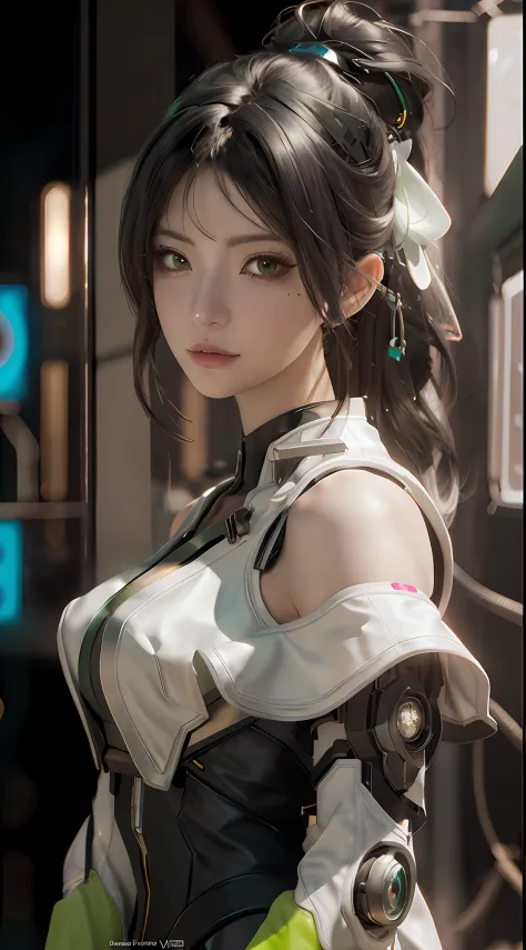 anime - style woman with green gloves and white dress, beautiful digital artwork, trending on cgstation, cyberpunk anime girl, p...