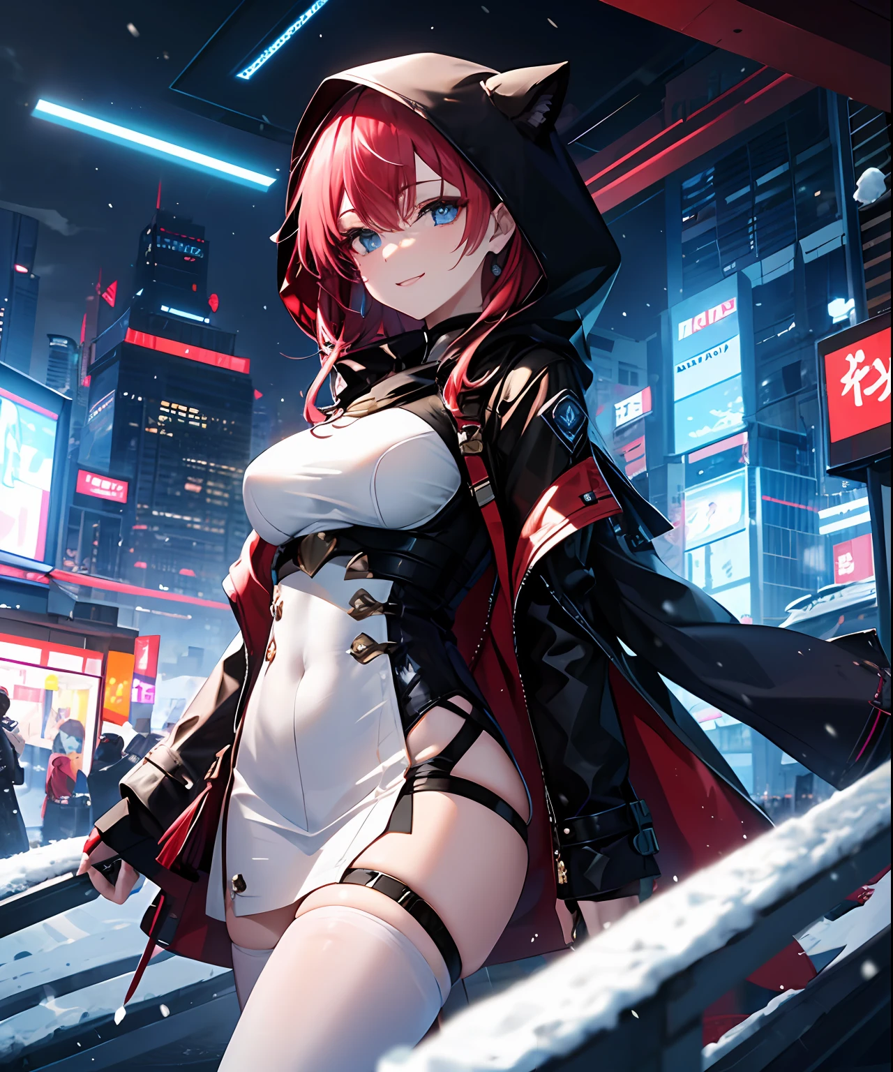 (​masterpiece、top-quality)、独奏、1womanl、Red hair、Longhaire、Blue eyes、A smile、dressed casually、Wearing a hood、Breasts are protruding、White skin as clear as snow、Fantastical、Futuristic cityscape