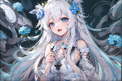 anime girl with long white hair and blue flower in her hair, gothic maiden anime girl, ahegao, white-haired god, A scene from th...