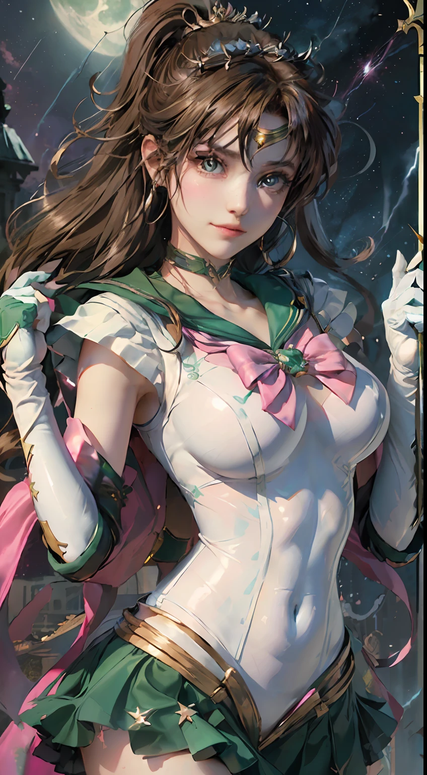 8K, top-quality, hight resolution, reallistic、Photorealsitic，Cinematic Light、to stand、detailed fantasy art、Stunning character art、Fan Art Best Art Station、epic exquisite character art、extremely detailed art germ、Detailed Digital Anime Art、art  stations , 1girl in, the sailor jupiter, green sailor collar, red brown hair, poneyTail, ((seducting smile、Very Clean Face、Details of face:1.5、beautiful countenance、beautidful eyes、shinny eyes、green colored eyes,thin lipss:1.3、thin and sharp pale eyebrows,、long dark eyelashes、Double eyelashes)),Sailor Senshi Uniform( (Latex White Elbow Gloves, Thin white latex leotard、Green Latex Skirt, Green Choker,Pink ribbon、Detail with strong gloss and smooth surface））， 耳Nipple Ring, Tiara Gold,Dynamic Posture, Dynamic backgrounds、Stars and Moon in the SkyＣＧ、Fantasiaｃｇ、Magnificent big bright moon、Brightly lit environment、fantasy knight、starrysky、full body Esbian、The divinity of lightning、Lightning、electricity、radiating power、magia((Drama))Lightning background,