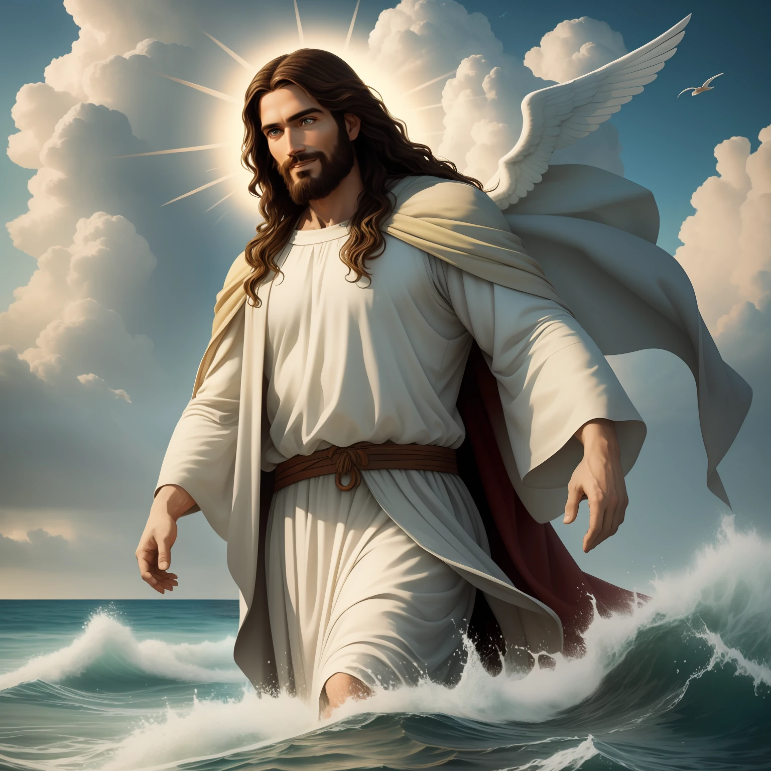 Real Jesus walking on water with a flying cloud in the background, Jesus walking on water, biblical illustration, epic biblical representation, forcing him to flee, coming out of the ocean, ! holding in hand!, disembarking, god of the ocean, beautiful representation, 8k 3D Model, realistic,
a 3D Realistic of jesus with a halo in the sky, jesus christ, smiling in heaven, portrait of jesus christ, jesus face, 35 young almighty god, portrait of a heavenly god, greg olsen, gigachad jesus, jesus of nazareth, jesus, the face of god, god looking at me, he is greeting you warmly, he is happy, avatar image