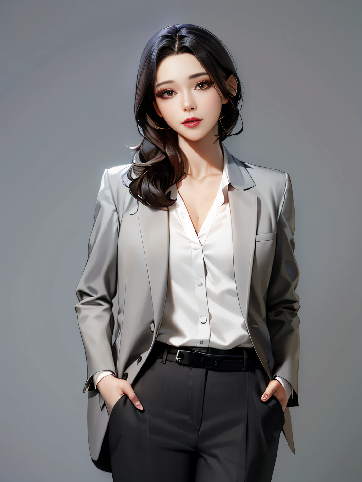 Arad woman in gray suit and white shirt poses for a photo, Korean woman, korean women's fashion model, female actress from korea, Girl in suit, Lee Ji-eun, lee ji eun, shin min jeong, dressed in a suit, sangsoo jeong, Woman in a suit, Choi Hyun-hwa, hwang se - on