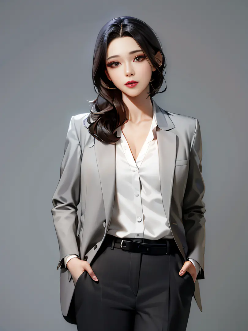 Arad woman in gray suit and white shirt poses for a photo, Korean woman, korean women's fashion model, female actress from korea...