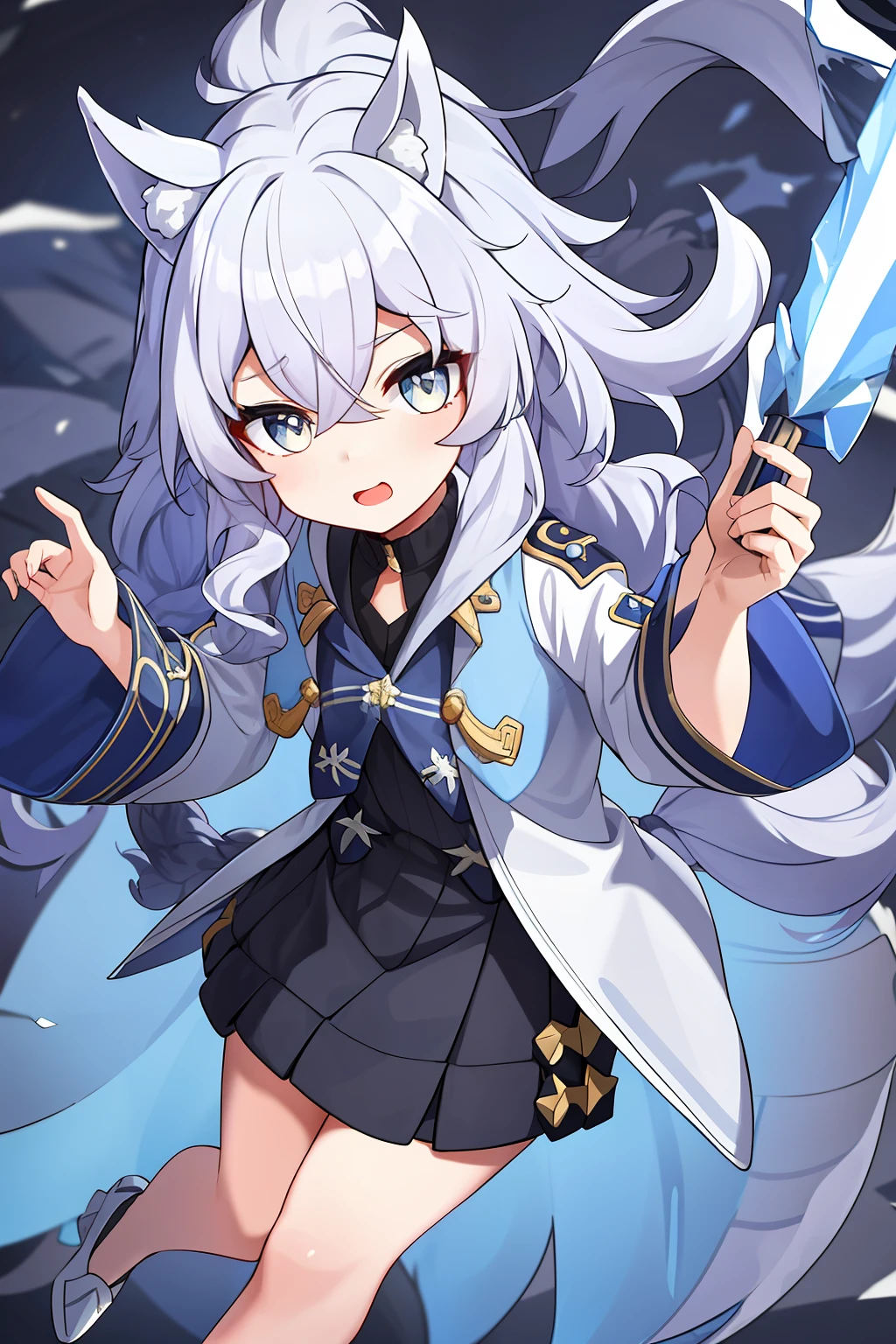 one-girl，Wolf ears，White hair，Wavy curly hair，Tsundere expression，Walking dynamic posture，Wear a dark blue trench coat，There is a wolf's tail behind him，The blue current around his body holds a blue crystal-shaped spear