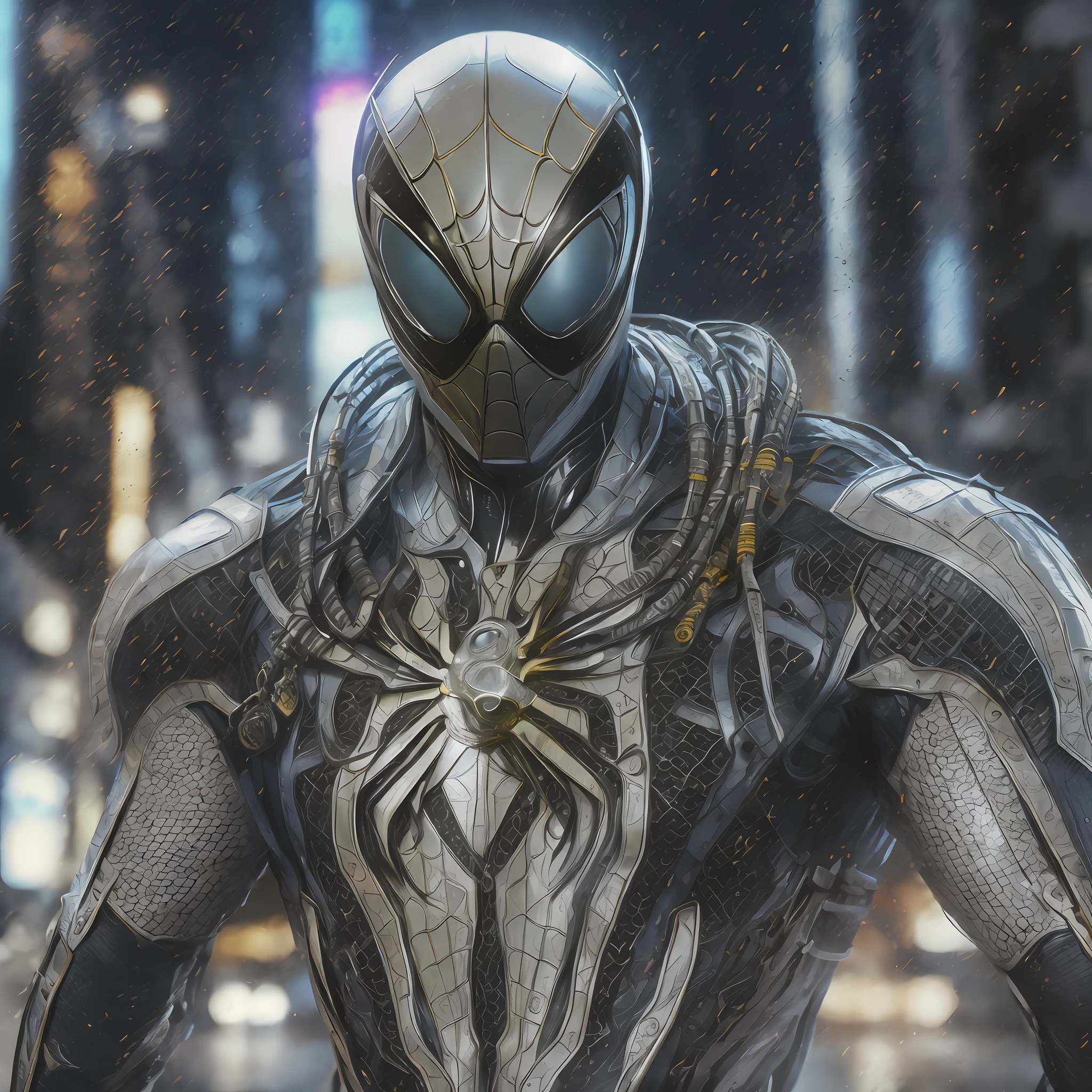 8K quality，Hyper-detail dressed in cybernetics and intricate armor as Spider-Man[Cyborg] 3D rendering of，Equipped with armor plates、hdr、8k、subsurfacescattering、Specular Light、A high resolution、rendering by octane、Ray traching，Black suit， spider in the center of your chest in white， Organic-looking clothes， Sticky testicles， symbiote， whiteeyes， fine art， PS5 movie screenshot， Highly detailed detailed movie rendering， ultra photorealistic raytricing， Pose with movie lighting，urban backdrop，The character is centered，hyper-high detail，Clothing texture