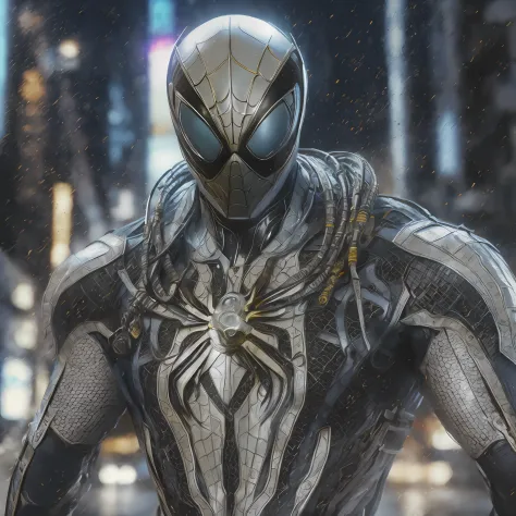 8k quality，hyper-detail dressed in cybernetics and intricate armor as spider-man[cyborg] 3d rendering of，equipped with armor pla...