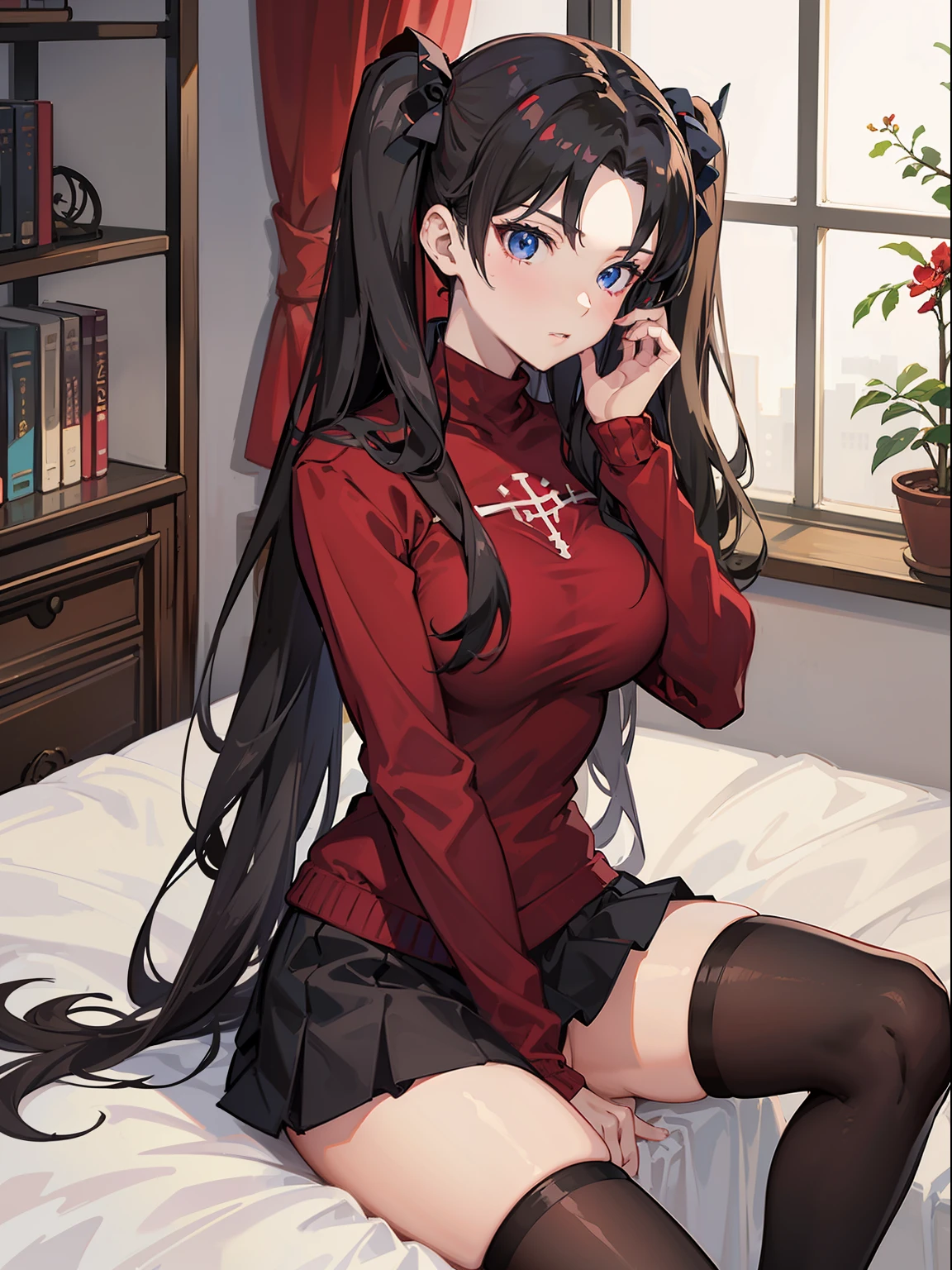 Anime girl sitting on a bed with a red shirt and black stockings - SeaArt AI