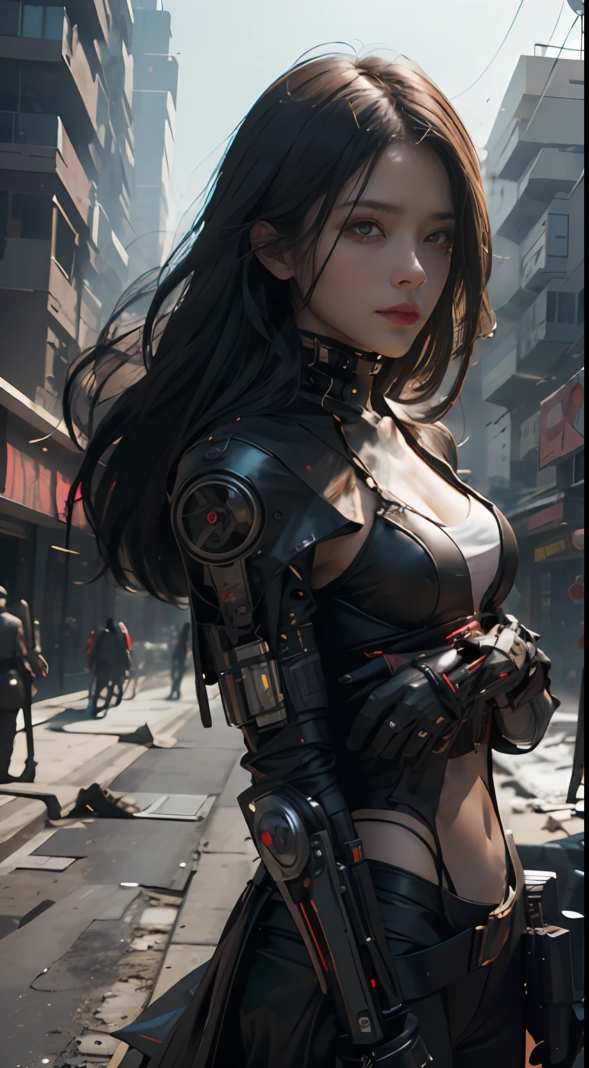 A girl wears a black-red glowing technopunk mask， Raised sexy，underdressing，The eyes shone with yellow light， wearing sexy，Future Tech Pistol， The right hand is a mechanical prosthesis， The red torn cloak swayed in the wind， Next to it is a small aircraft with a complex structure， natta， A ruined cyberpunk city， Neon billboard， Best picture quality， Highest clarity and clarity，  ultra-realistic realism， high detal， afofuturism，lightand shade contrast， cinmatic lighting， Ray traching， reflective light， cowboy lens， f/4.0