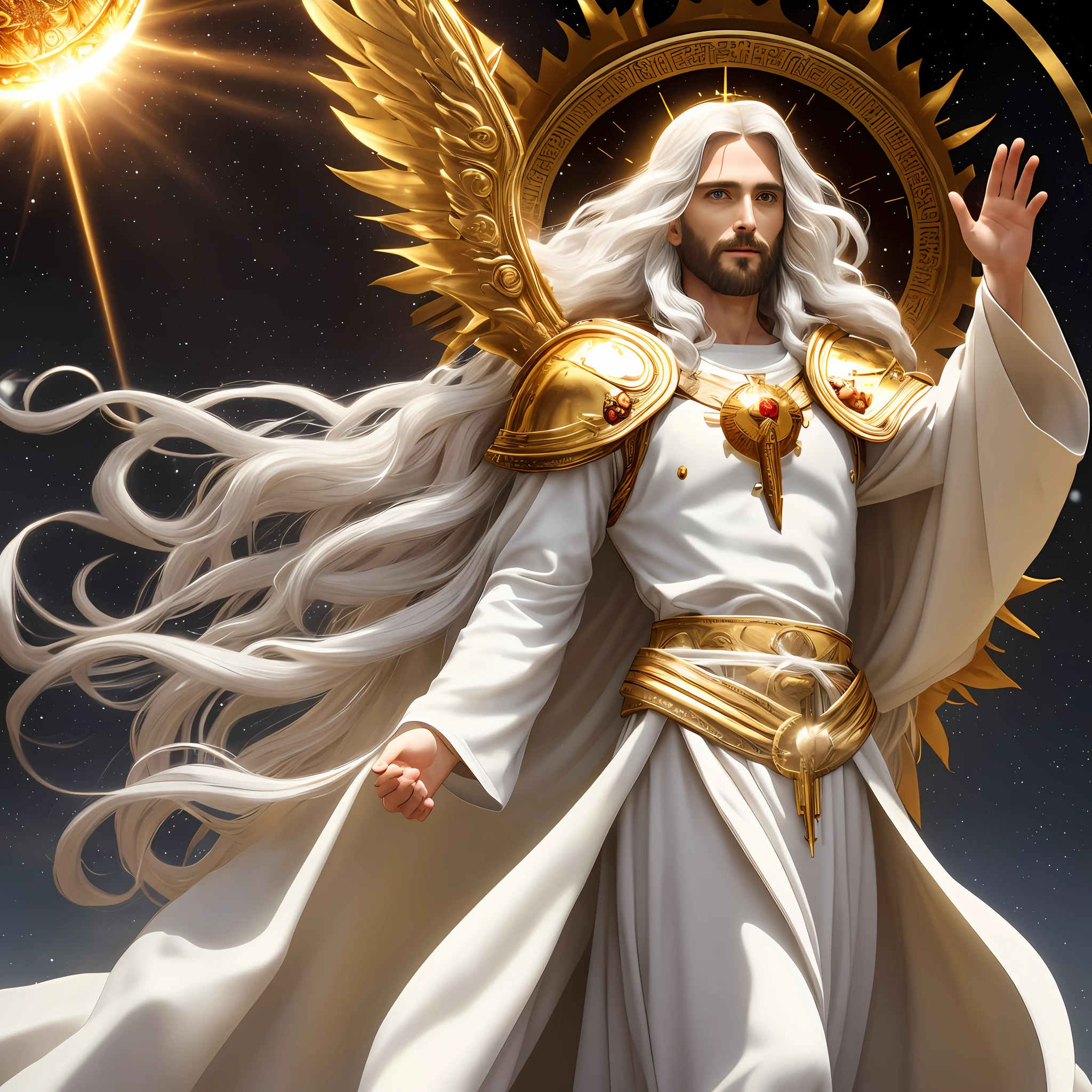 Jesus second coming in the heavens, ( Realistic) age 35 old years, face like the midday sun, crown, a tunic and a golden breastplate, hair as white as snow, eyes as flames of fire, feet as refined bronze in the furnace, light smile, Surrealism, backlighting, cinematic lighting, high quality, high details, 8K 3D best quality