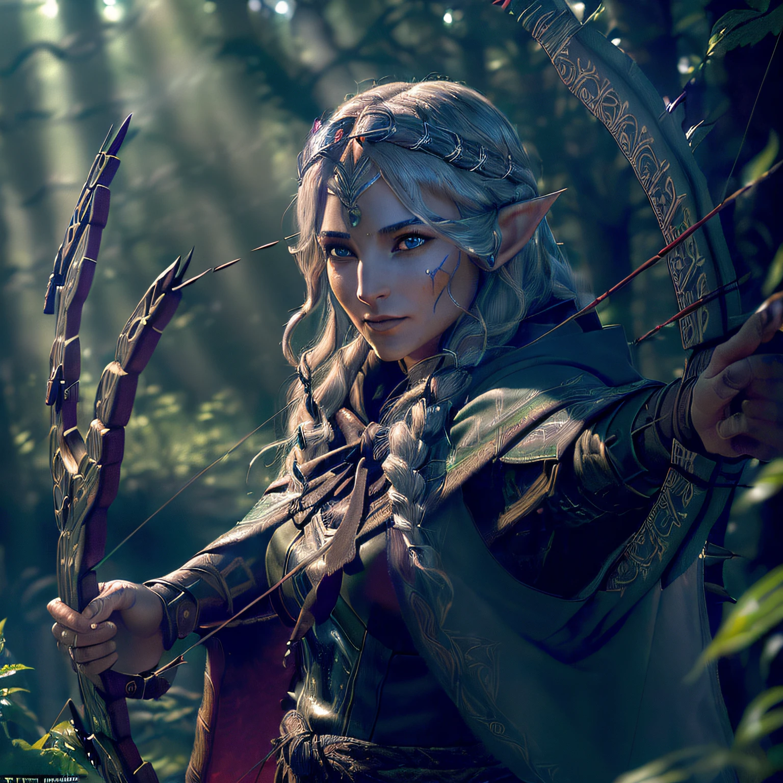 ((masterpiece, photorealistic:1.4), a dark Elf archer, dark skin with red eyes, evil smile, (epic:1.2), (shooting with a bow and arrow:1.2), cinematic scene, (IMAX quality:1.3), (immersive visuals:1.2), dark landscape, (lush and vibrant forest:1.2), ancient trees, (sunlight filtering through foliage:1.1), (mysterious mist:1.1), (dynamic camera angles:1.2), (intense action:1.1), (slow-motion sequence:1.2), (arrow in mid-flight:1.1), (subtle lens flare:1.2), (intense focus:1.2), determined expression, (elven features:1.1), (long, flowing hair:1.1), (piercing eyes:1.2), intricate details on the archer's armor, (elven symbols:1.1), (richly textured fabric:1.1), (wind-blown cloak:1.2), (cinematic lighting:1.2), (epic orchestral soundtrack:1.2), (sense of anticipation:1.1), (powerful bow:1.1), (archery prowess:1.2), (arrow hitting the target:1.1), (dramatic aftermath:1.1)