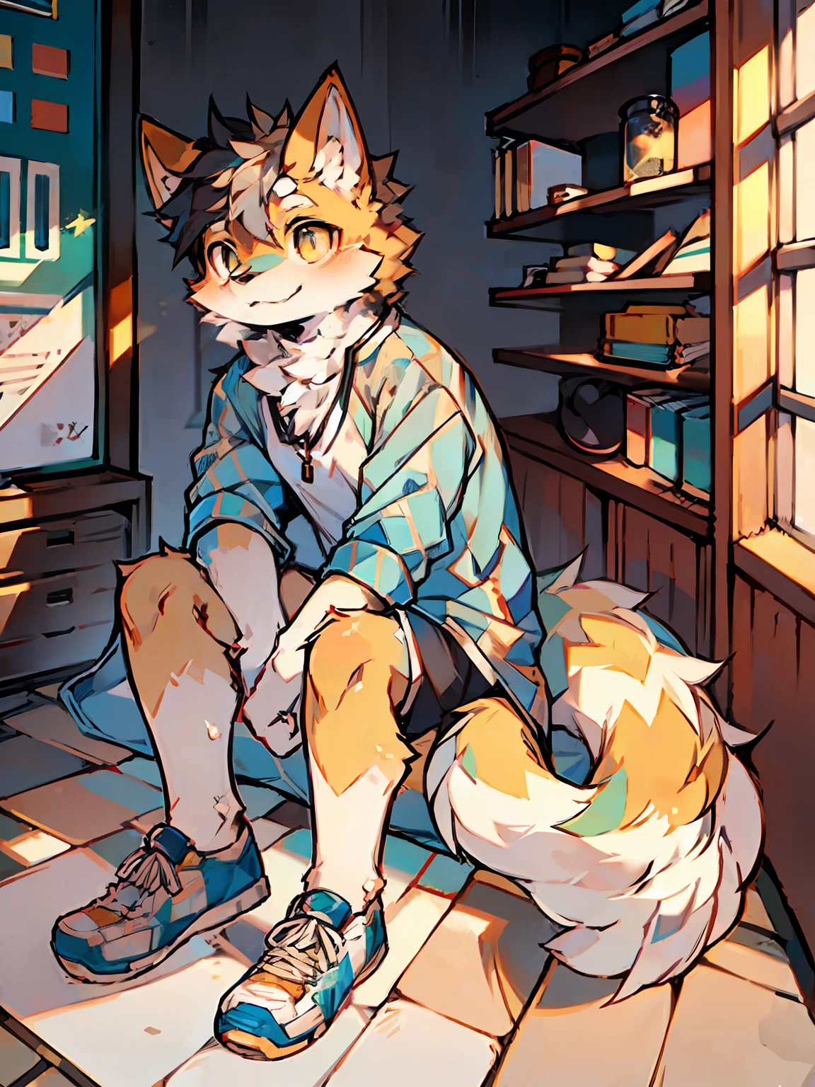 solo person，shaggy male，Furry，Dogs，Shiba dog，Beige tunic，grey shorts，white legwear，Blue sneakers，Golden pupils ，light brown fur，Furry tail