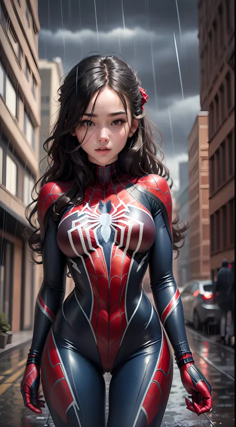 18 yo girl, spider man suit, long hair, rain, roof, masterpiece, intricate detail, perfect anatomy
