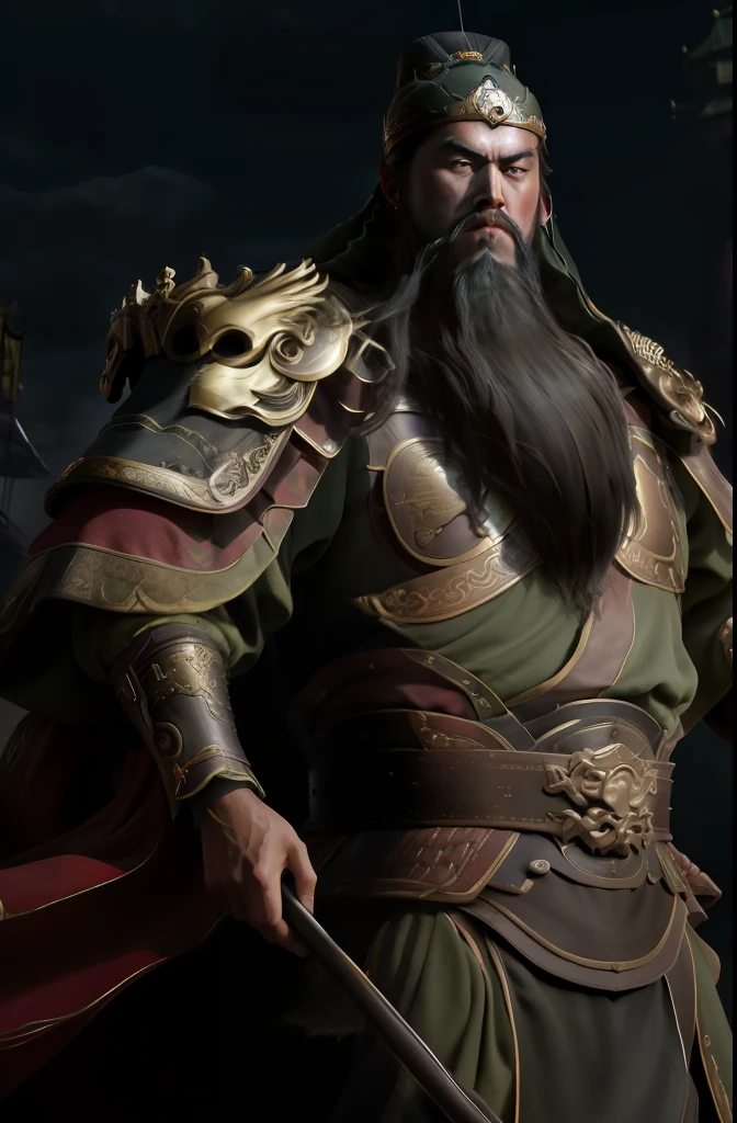 The whole body, including the crown of the head, is in the picture, (green clothes, fearless and intelligent face, (colored skin), (waist-length, heavy black beard): 1.2), (clothes of the Three Kingdoms era: 1.2), long pants, (insanely detailed, bloom: 1.5), (best quality, photo, 4K), (photo: 1.2), (high sharpness), (detailed pupil: 1.1), (photo: 1.1), detailed face and eyes, Masterpiece, Top Quality, (HD Photo:1.1), 8k, Photorealistic, (Black Hair Color), (pureerosface_v1:0.2), [:(More Face:1.2):0.2], Sharp, Real, Real Shadow, (Chinese Castle Background: 1.2), Guan Yu alone.