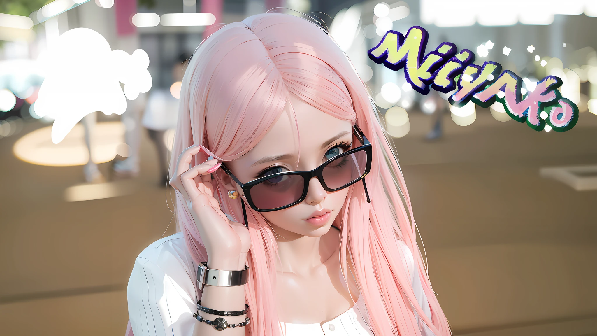 There is a woman with pink hair and sunglasses on a street - SeaArt AI