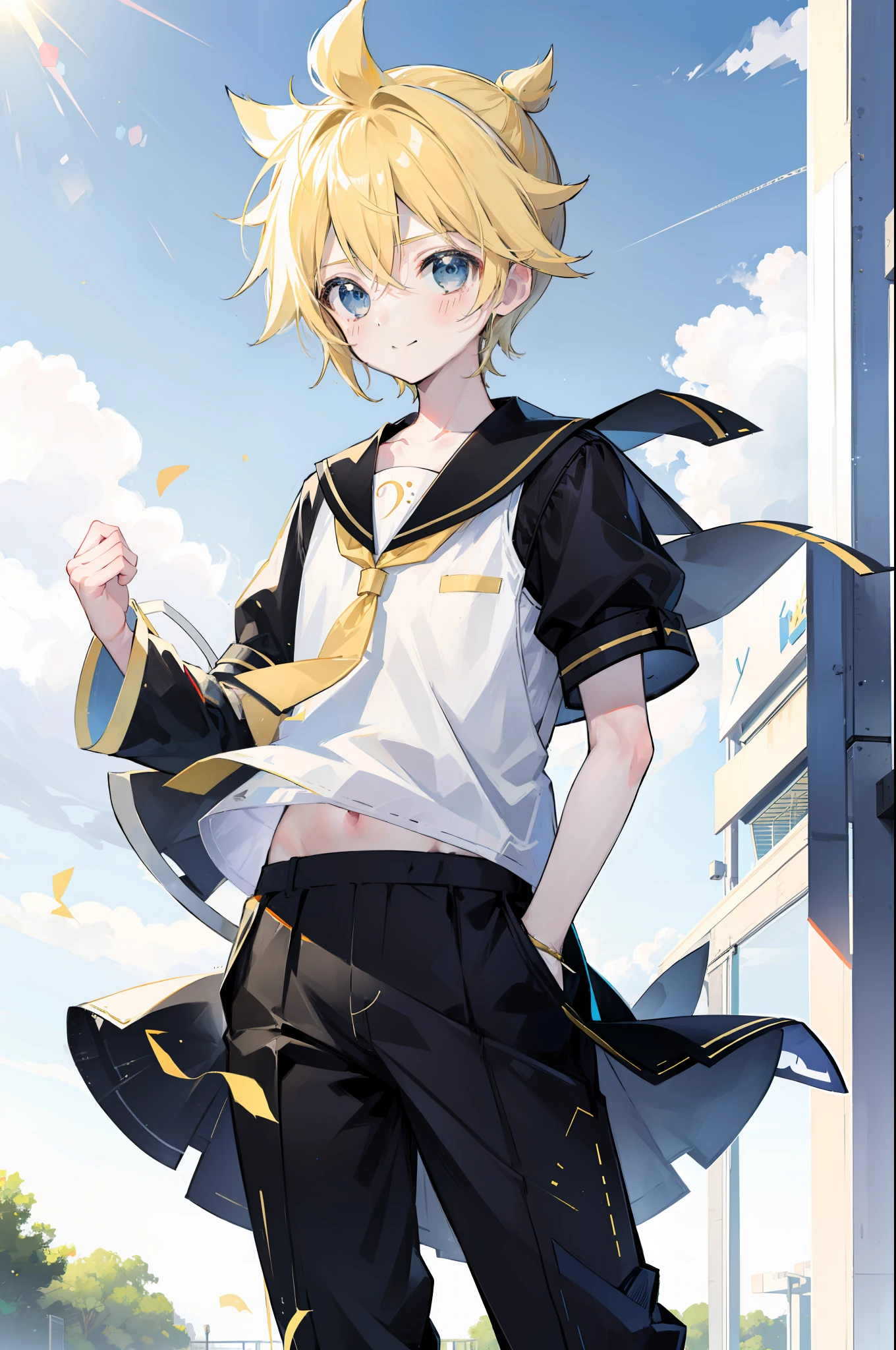 one boy, Len_Kagamine, pure, innocent, blush, sailor uniform, black short pants, outdoor, cowlick hair, cool, slender, handsome, character focus, smile