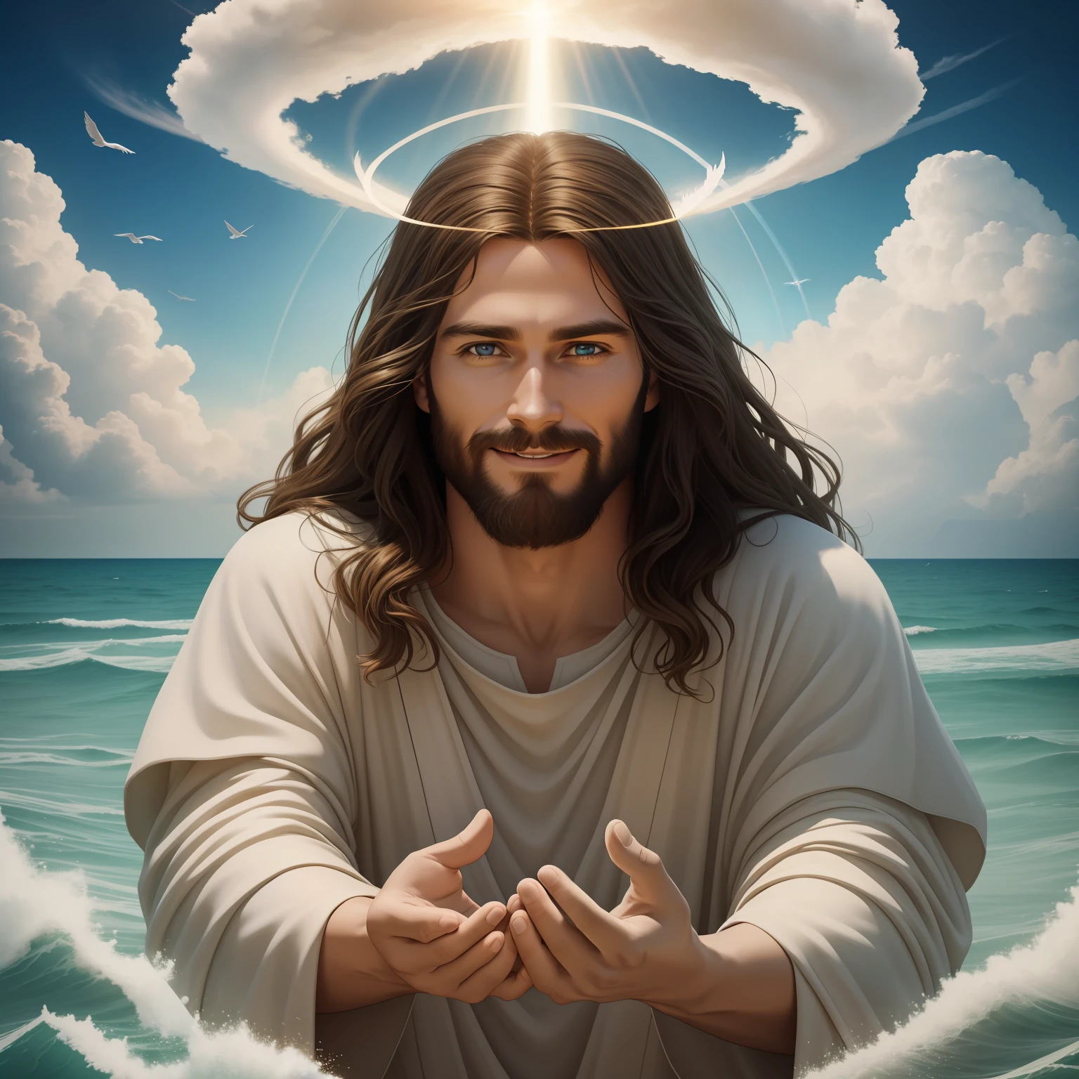 Real Jesus flying on sky with a flying cloud in the background, Jesus walking on water, biblical illustration, epic biblical representation, forcing him to flee, coming out of the ocean, ! holding in hand!, disembarking, god of the ocean, beautiful representation, 8k 3D Model, realistic,
a 3D Realistic of jesus with a halo in the sky, jesus christ, smiling in heaven, portrait of jesus christ, jesus face, 35 young almighty god, portrait of a heavenly god, greg olsen, gigachad jesus, jesus of nazareth, jesus, the face of god, god looking at me, he is greeting you warmly, he is happy, avatar image