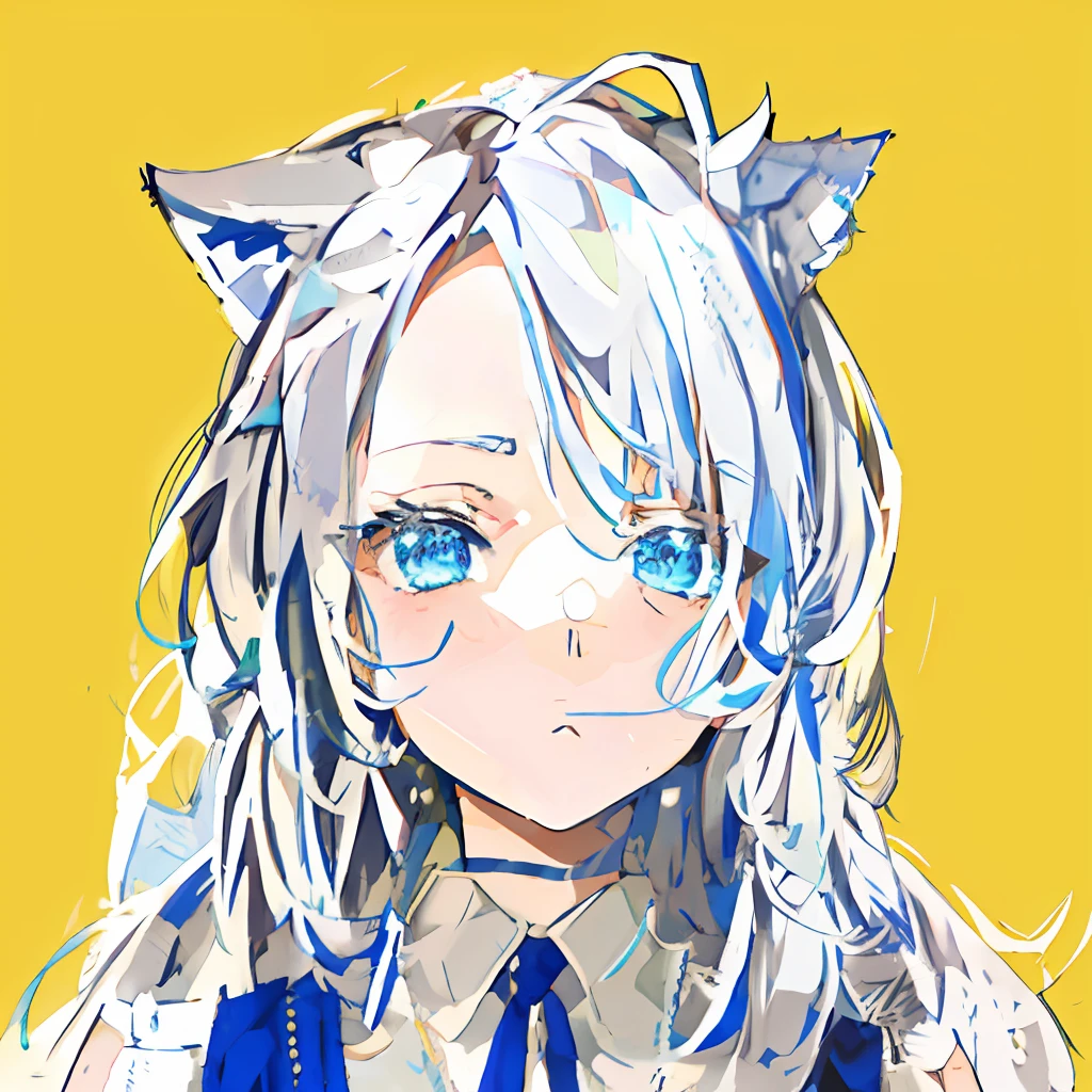 Anime girl with long light gray hair and blue eyes, Wolf ears, Vintage dress in blue, Green eyes, , Suspicious face, !!Medium hair bangs!!