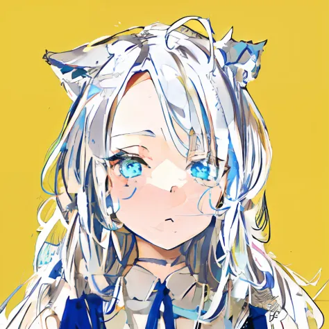 anime girl with long light grey hair and blue eyes, wolf ears, blue vintage dress, green eyes, loli, suspicious face, !!middle p...